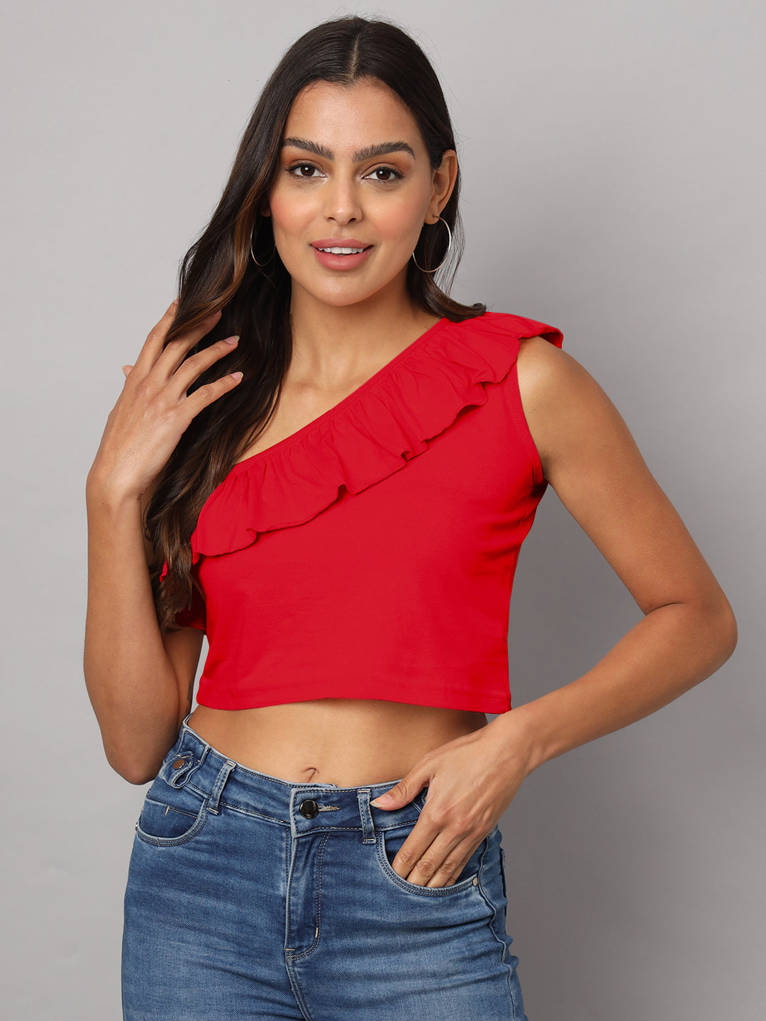 One Shoulder Ruffled Pure Cotton Crop Top