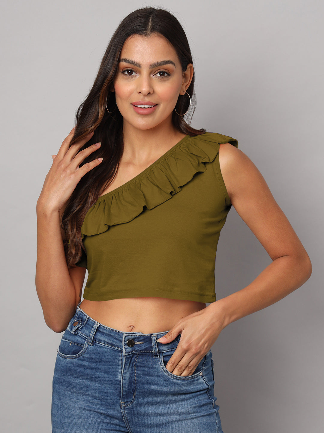 One Shoulder Ruffled Pure Cotton Crop Top