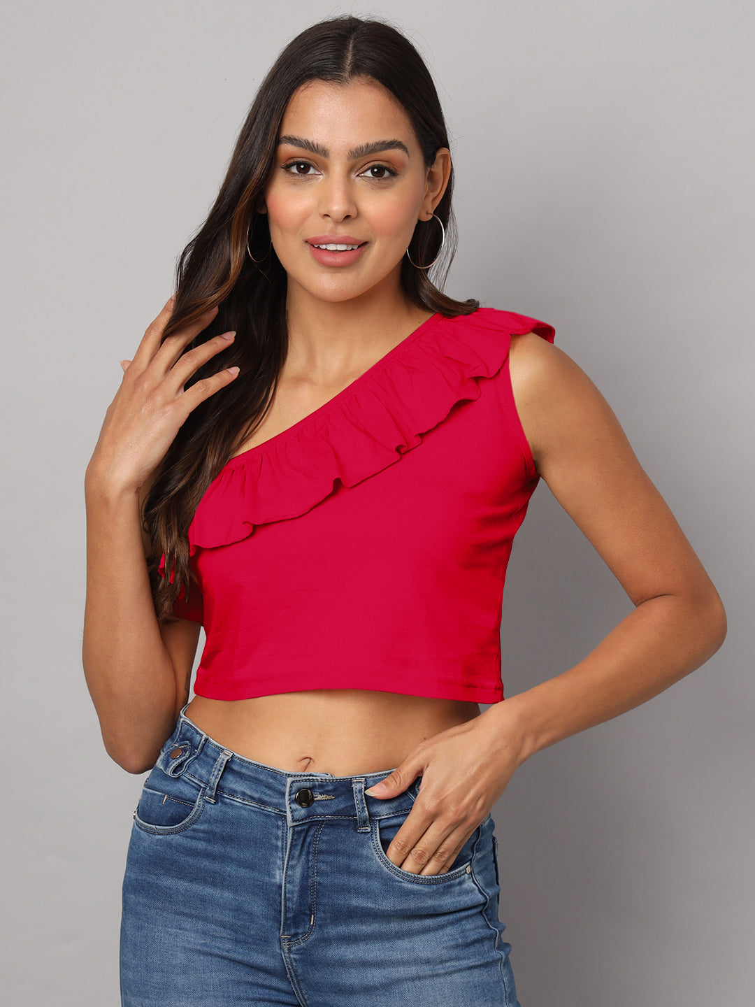 One Shoulder Ruffled Pure Cotton Crop Top