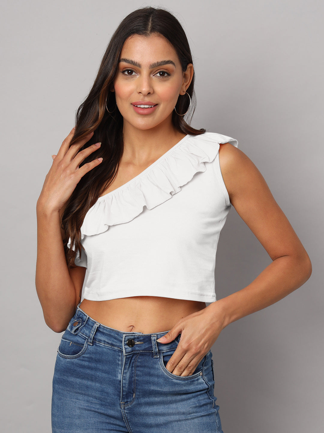 One Shoulder Ruffled Pure Cotton Crop Top