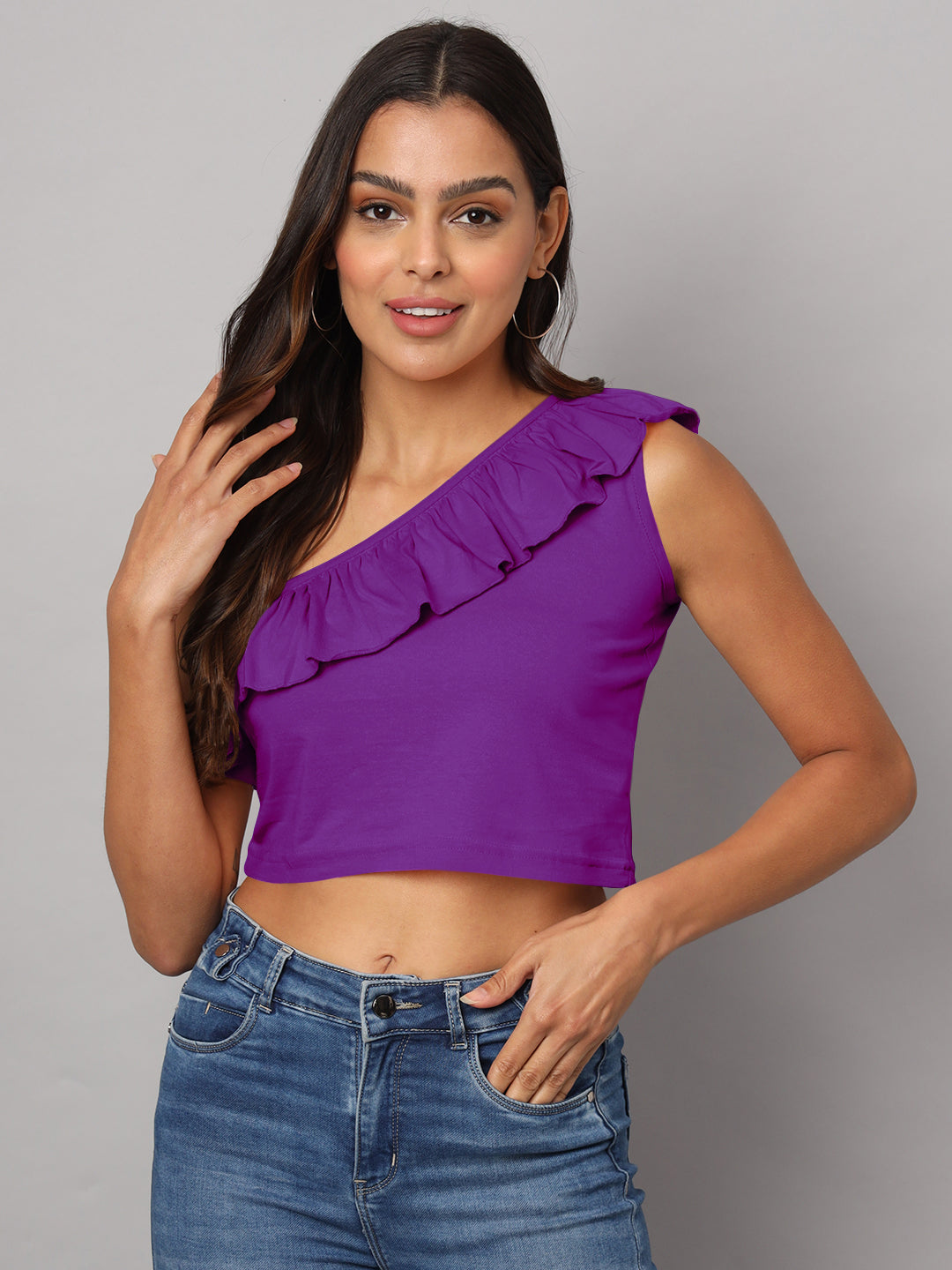 One Shoulder Ruffled Pure Cotton Crop Top