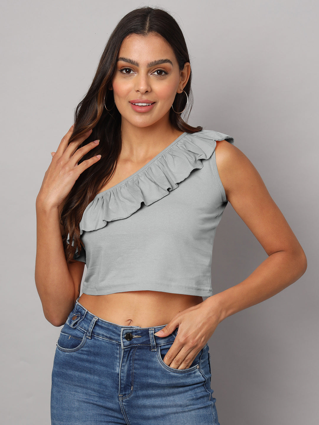 One Shoulder Ruffled Pure Cotton Crop Top