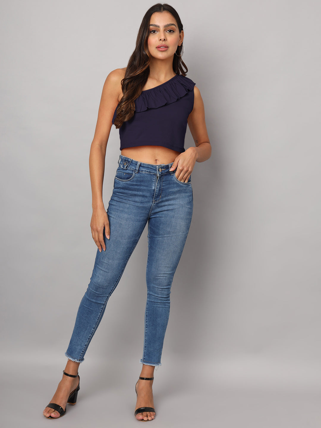 One Shoulder Ruffled Pure Cotton Crop Top