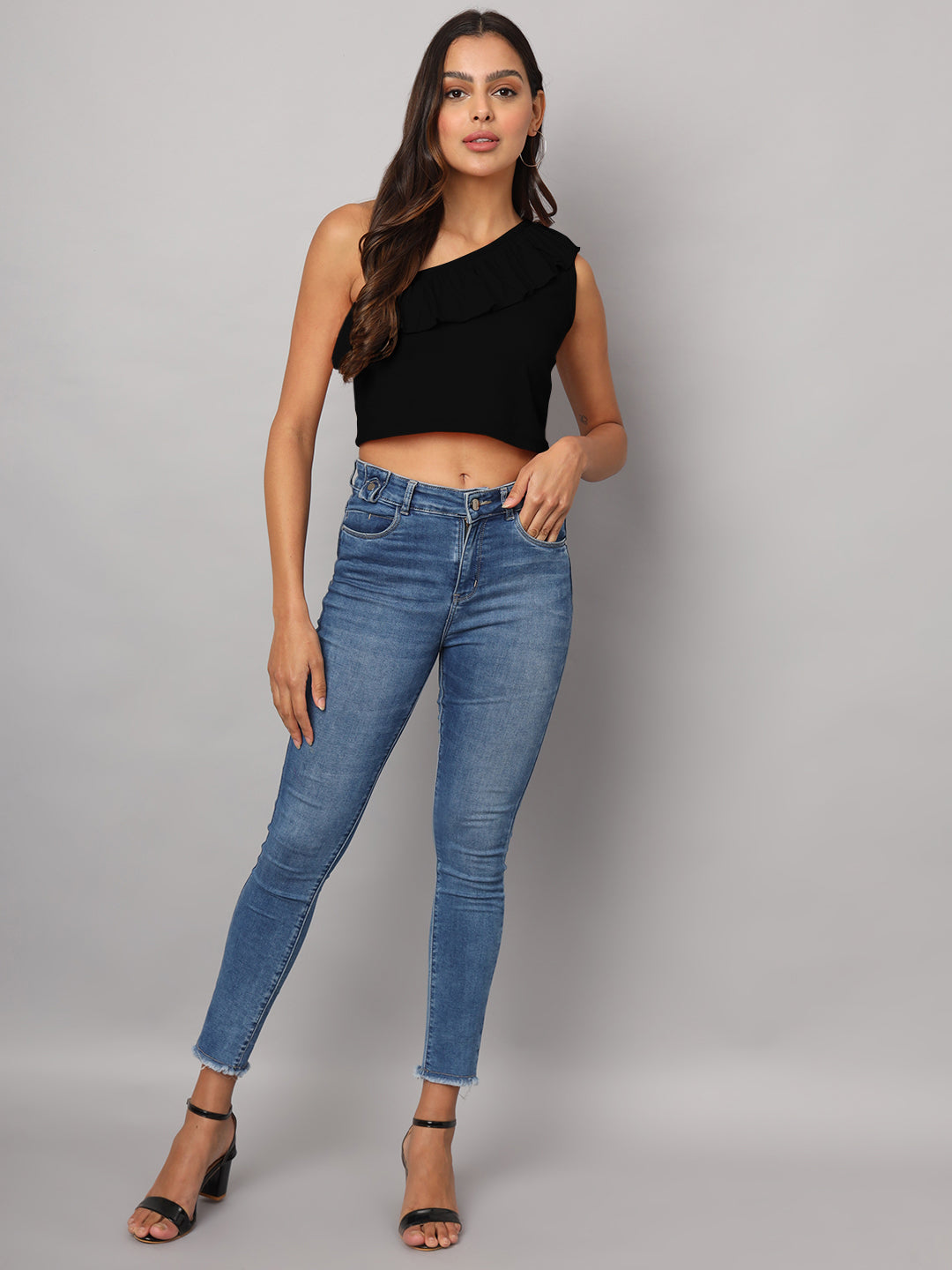 One Shoulder Ruffled Pure Cotton Crop Top
