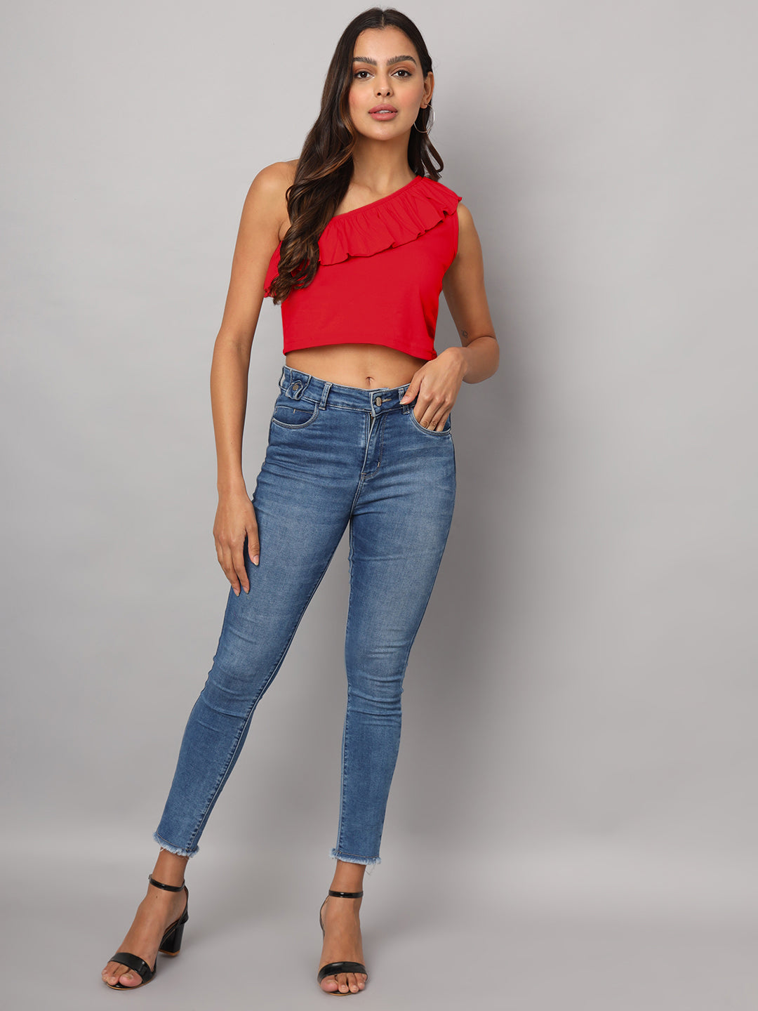 One Shoulder Ruffled Pure Cotton Crop Top