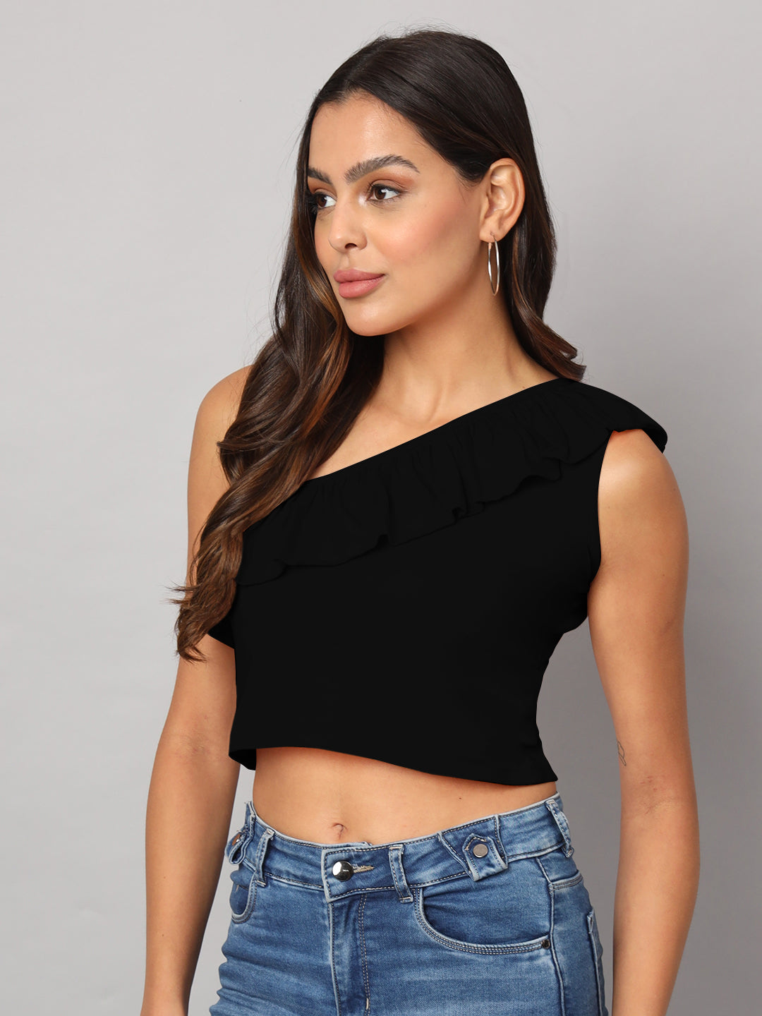 One Shoulder Ruffled Pure Cotton Crop Top