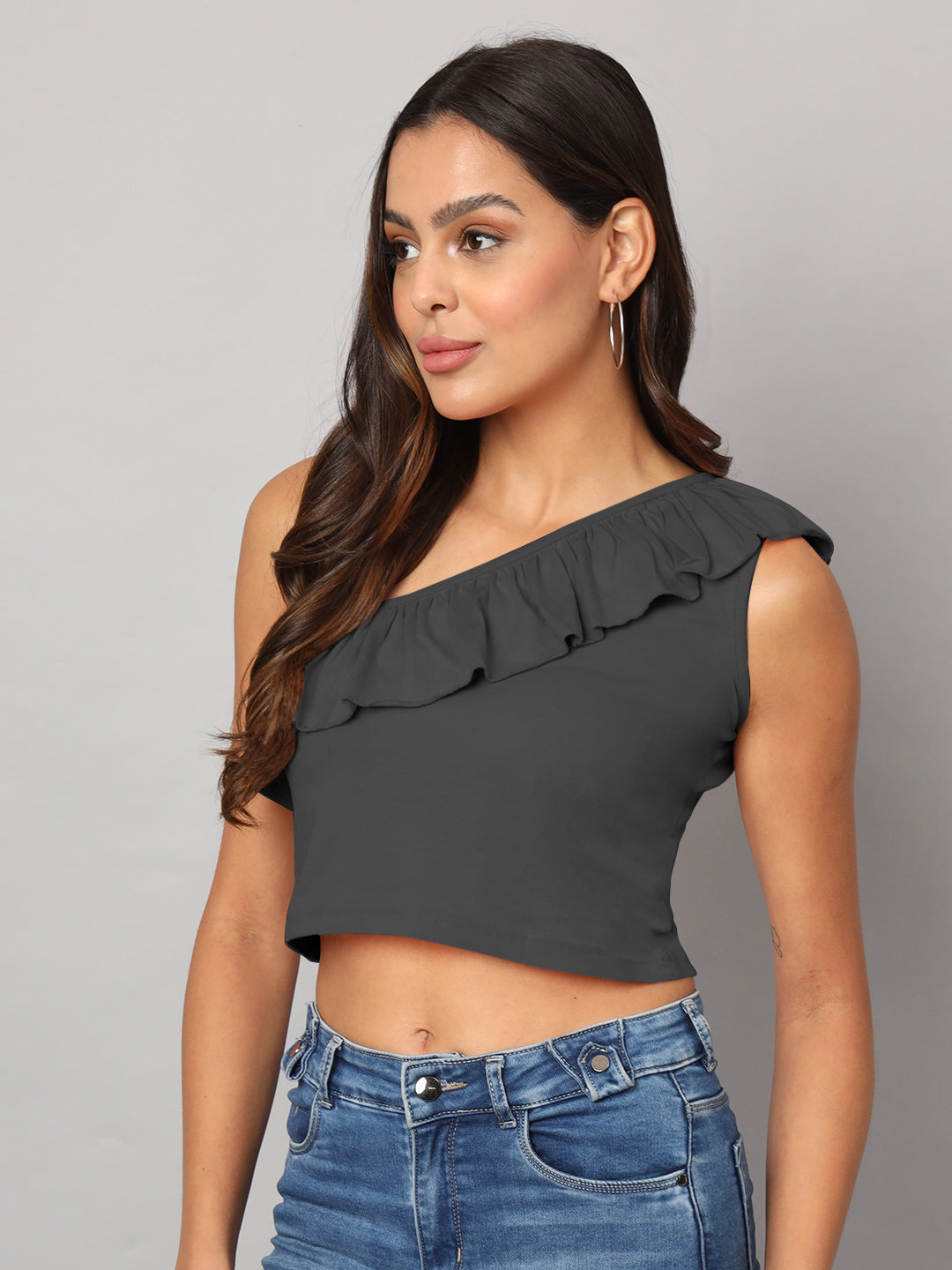 One Shoulder Ruffled Pure Cotton Crop Top