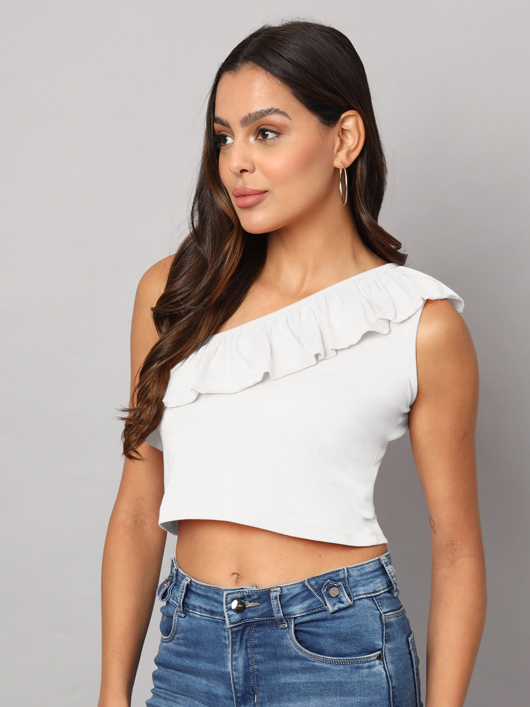One Shoulder Ruffled Pure Cotton Crop Top