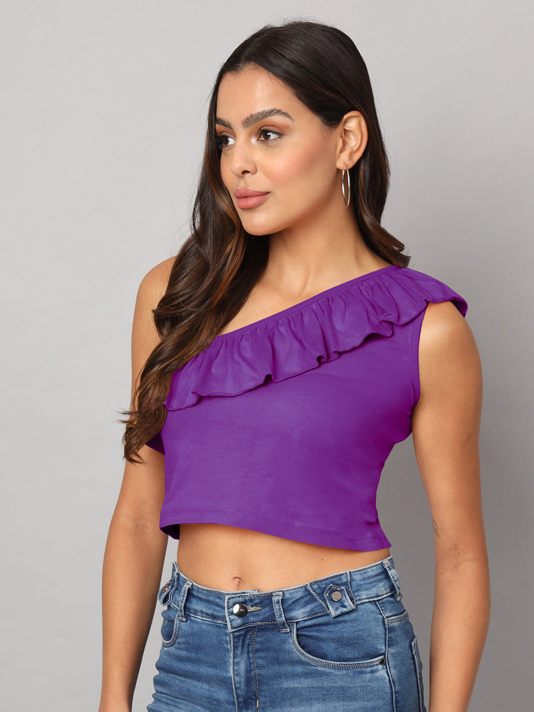 One Shoulder Ruffled Pure Cotton Crop Top