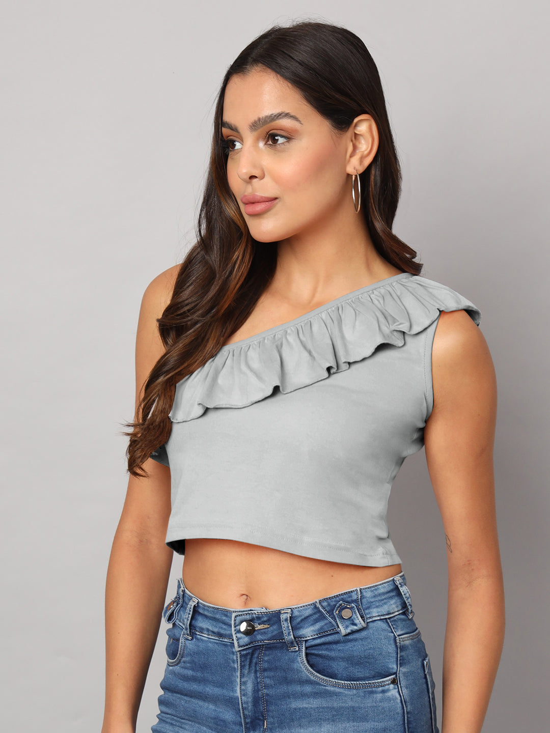 One Shoulder Ruffled Pure Cotton Crop Top