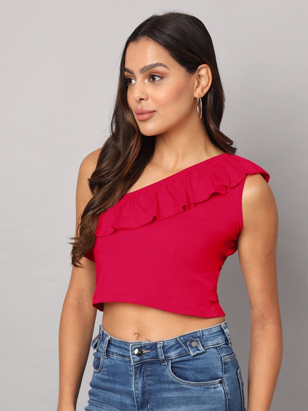 One Shoulder Ruffled Pure Cotton Crop Top
