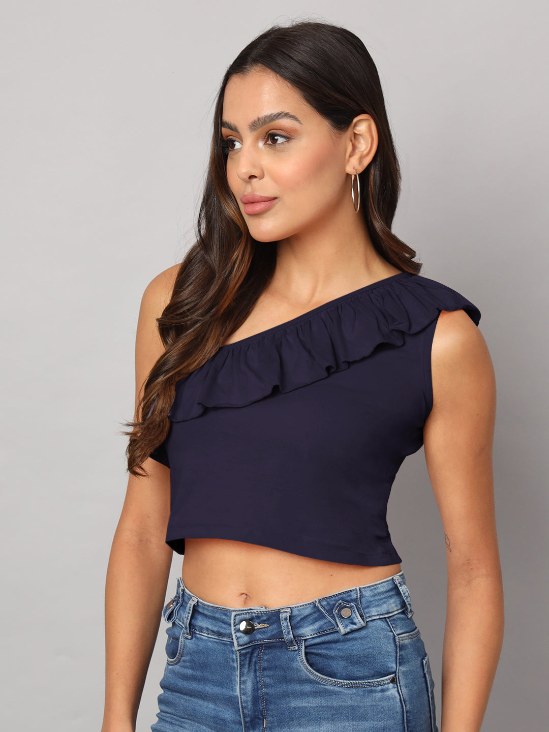 One Shoulder Ruffled Pure Cotton Crop Top