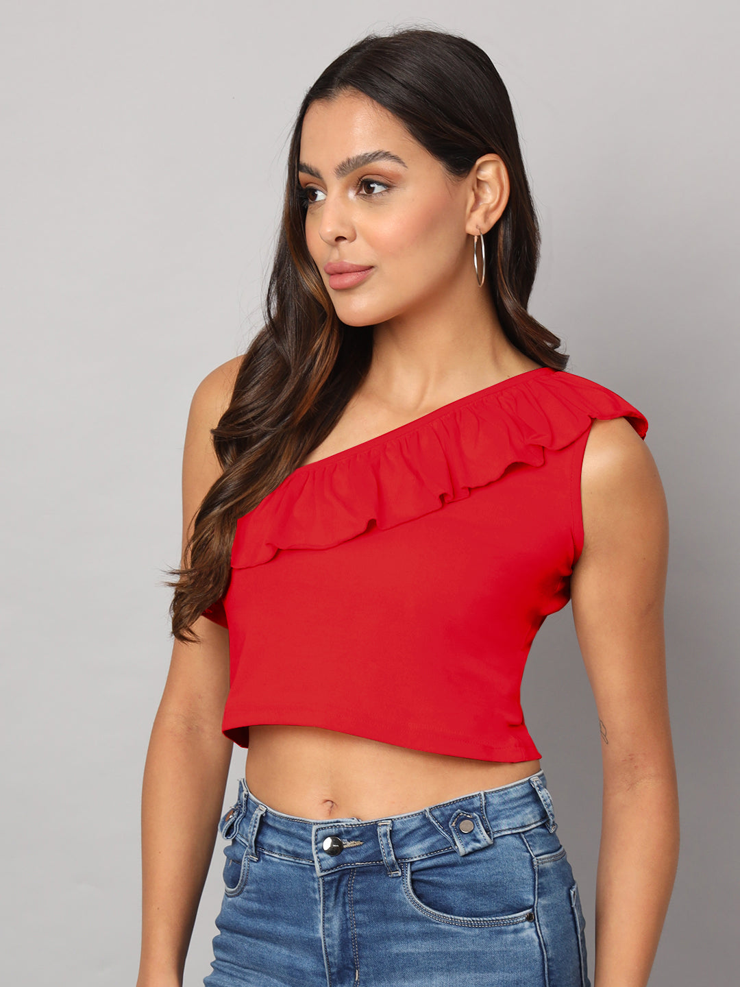 One Shoulder Ruffled Pure Cotton Crop Top