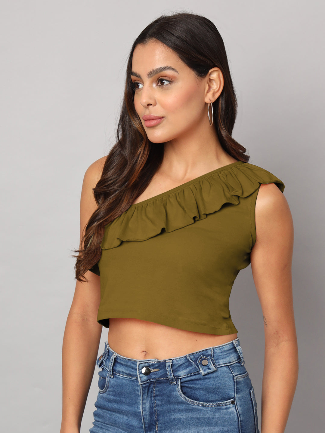 One Shoulder Ruffled Pure Cotton Crop Top