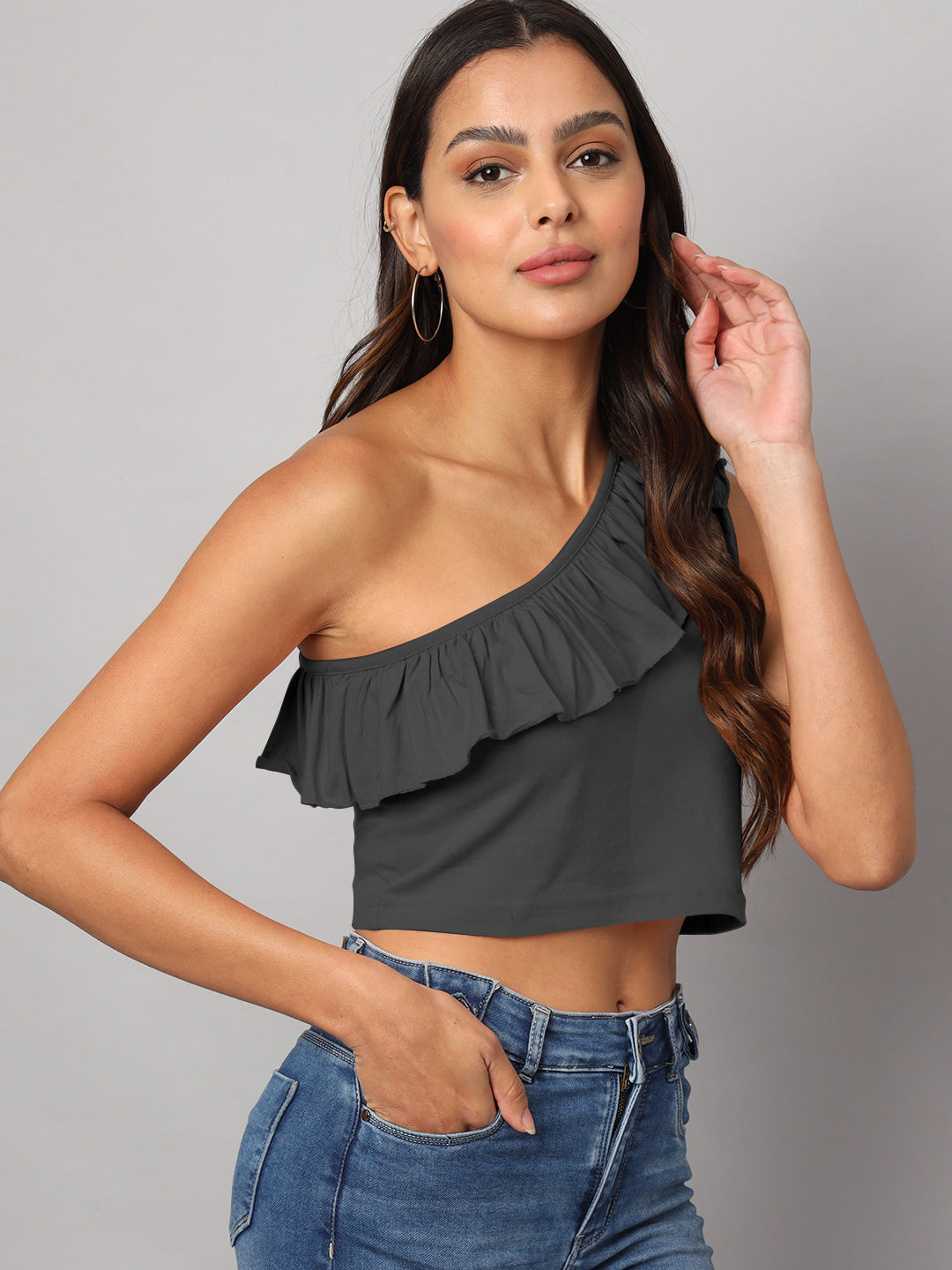 One Shoulder Ruffled Pure Cotton Crop Top