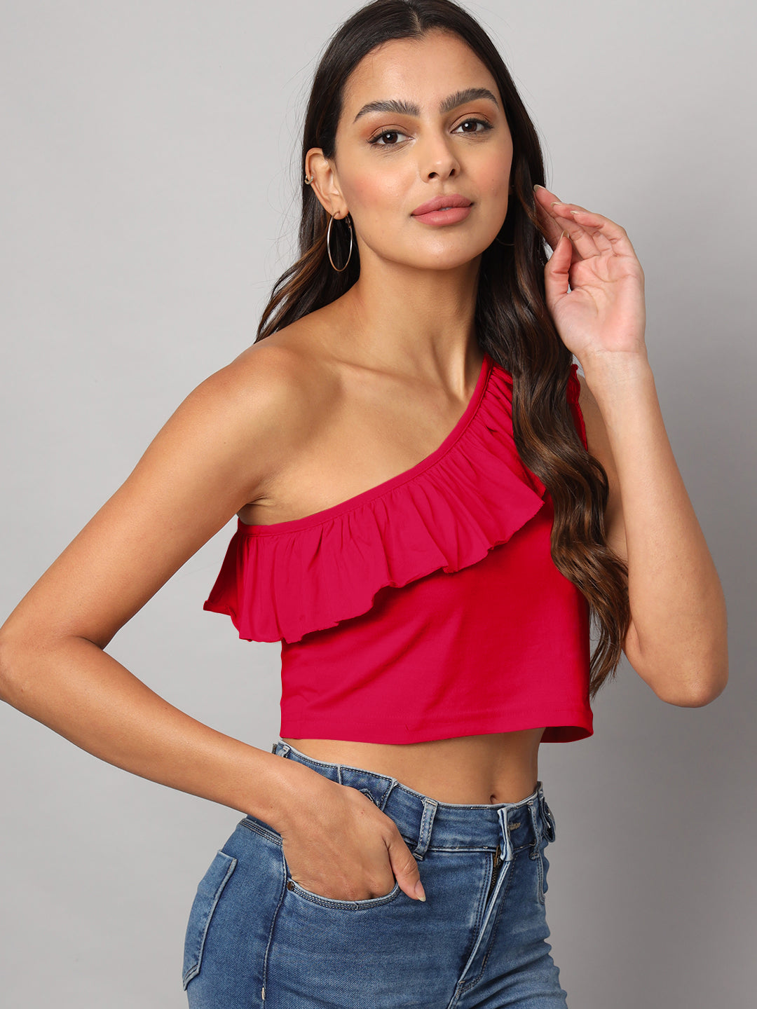 One Shoulder Ruffled Pure Cotton Crop Top