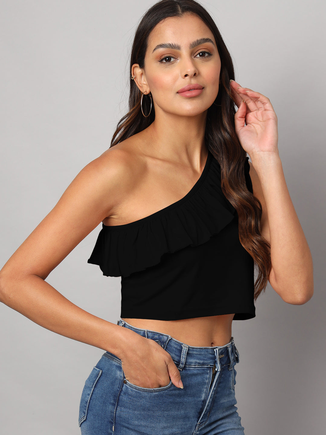 One Shoulder Ruffled Pure Cotton Crop Top