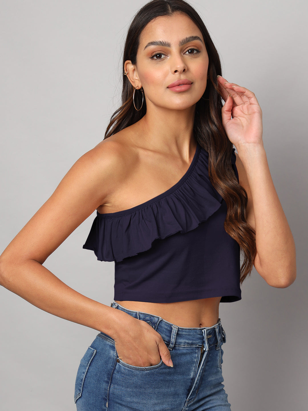 One Shoulder Ruffled Pure Cotton Crop Top
