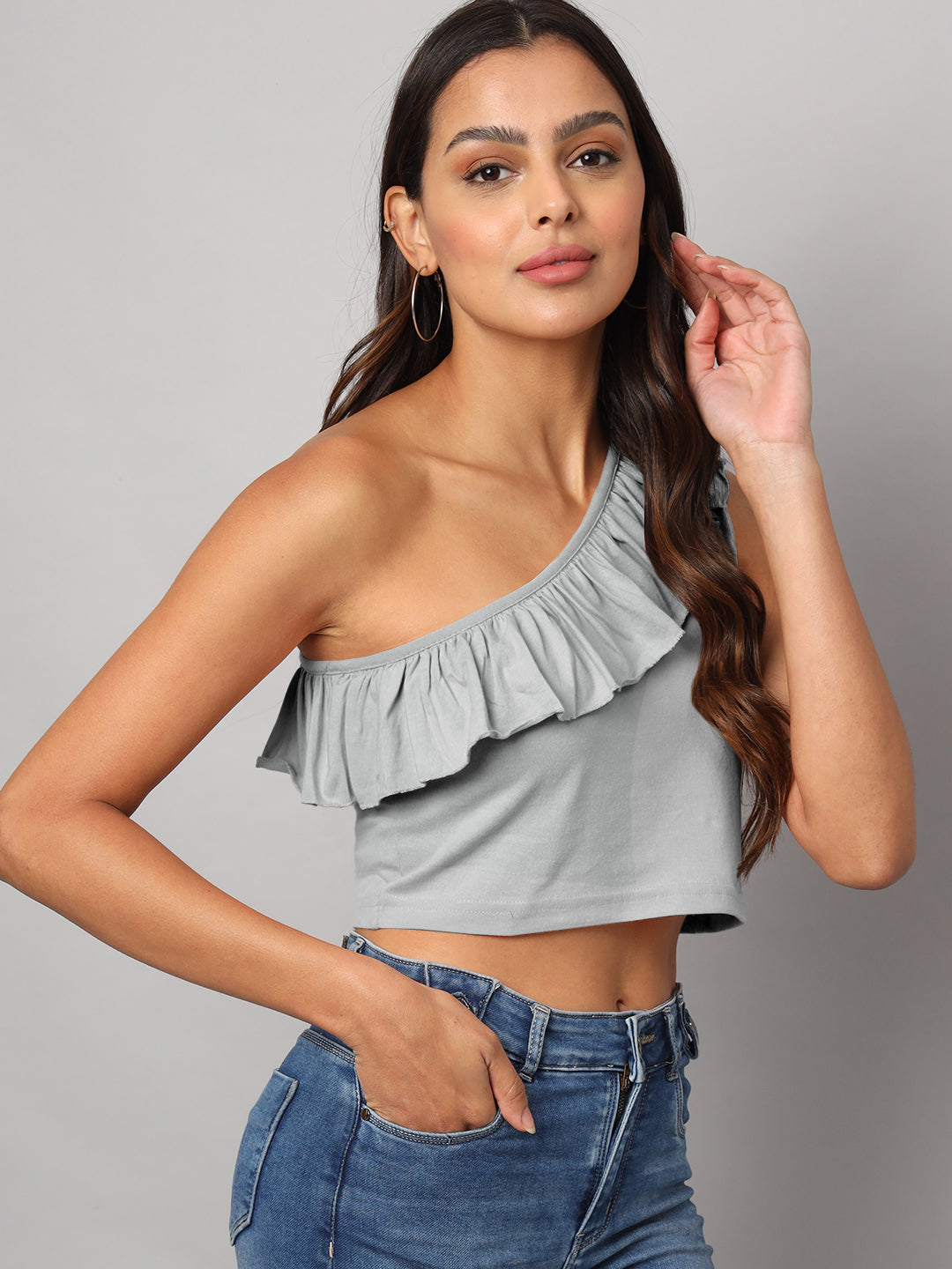 One Shoulder Ruffled Pure Cotton Crop Top