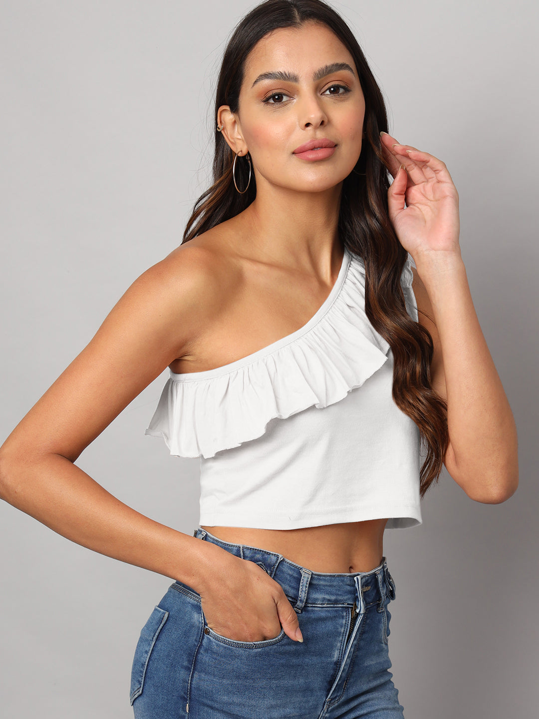 One Shoulder Ruffled Pure Cotton Crop Top