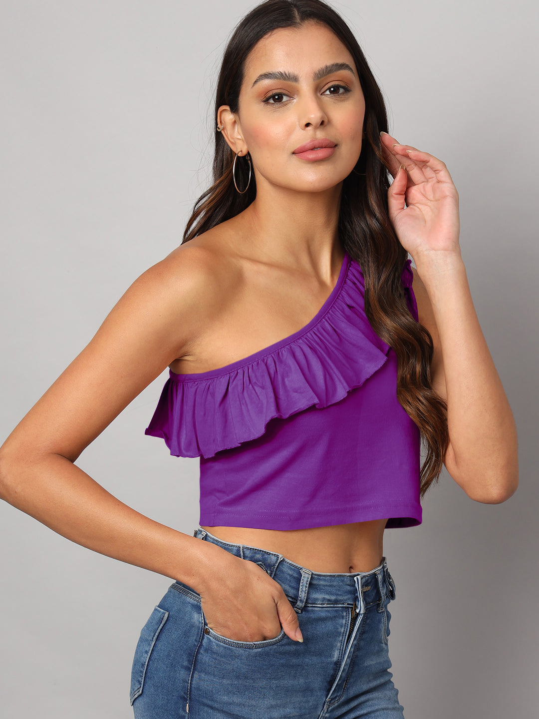 One Shoulder Ruffled Pure Cotton Crop Top
