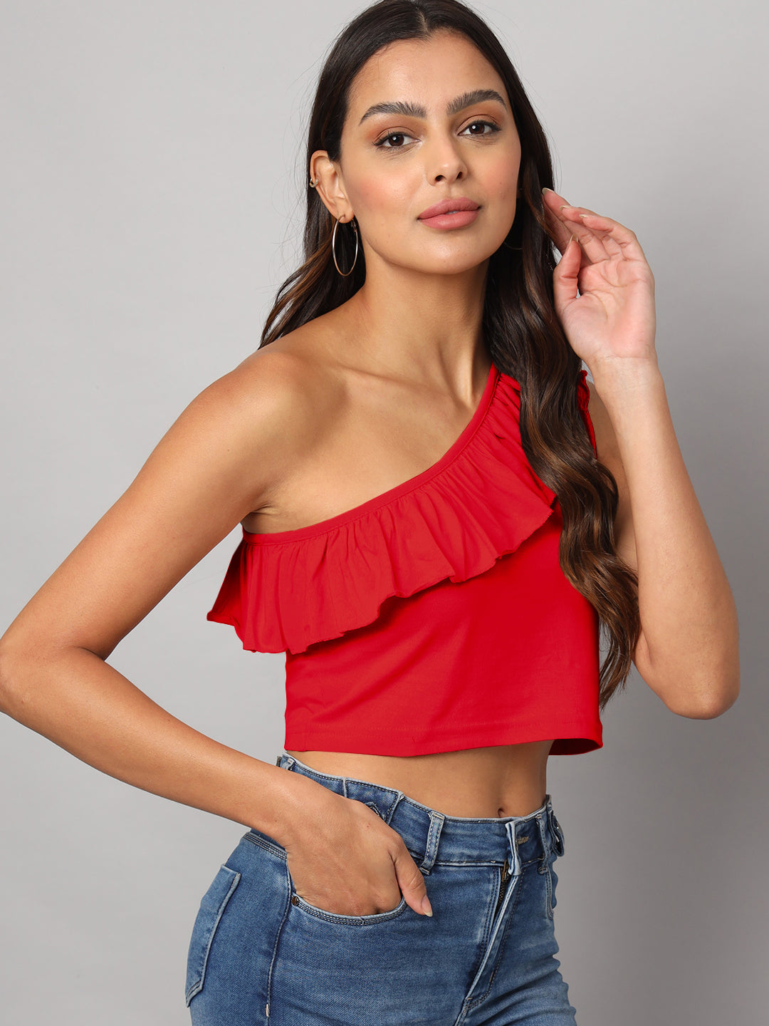 One Shoulder Ruffled Pure Cotton Crop Top