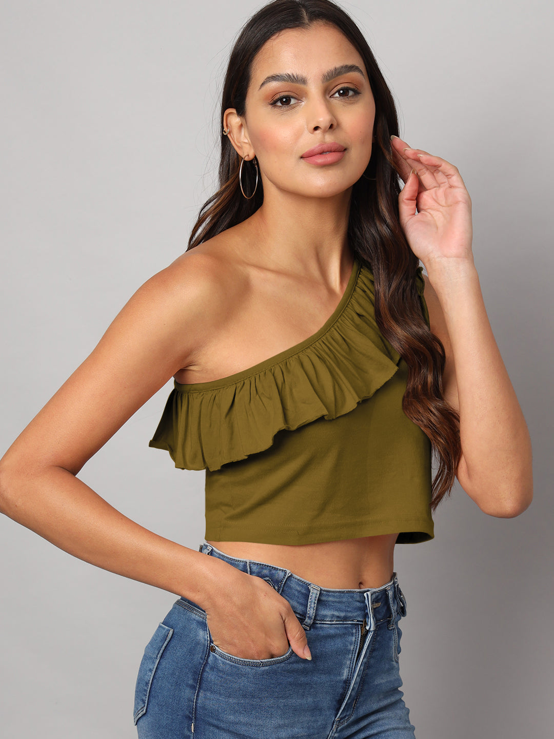 One Shoulder Ruffled Pure Cotton Crop Top