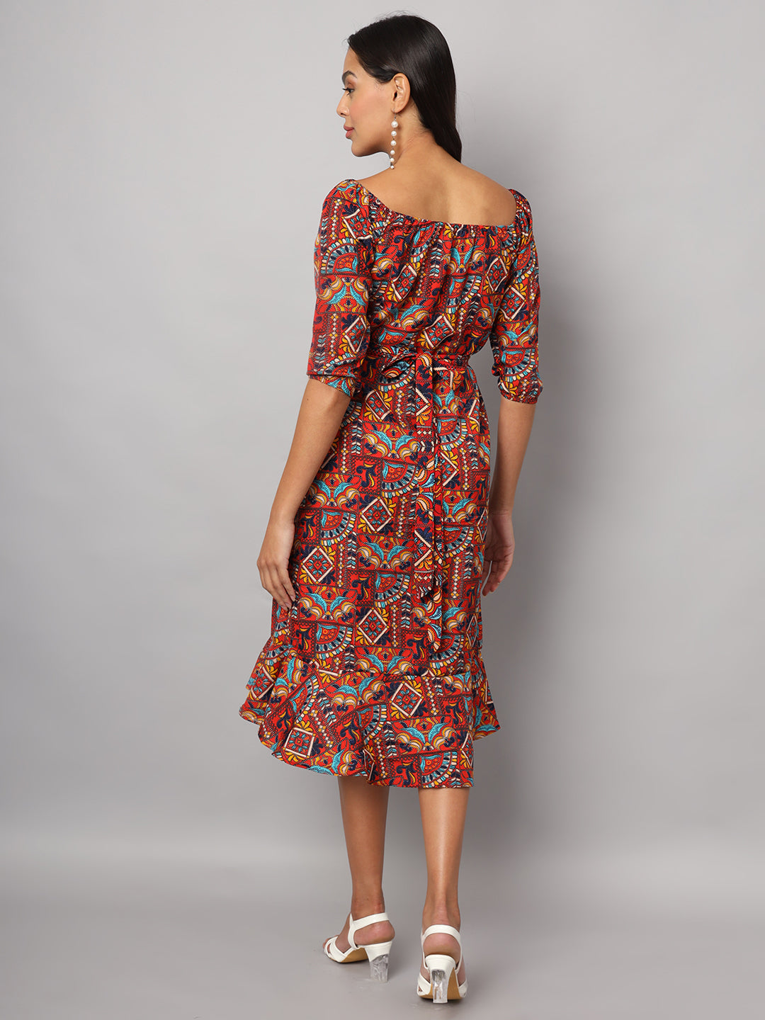 Printed Off-Shoulder A-Line Midi Dress