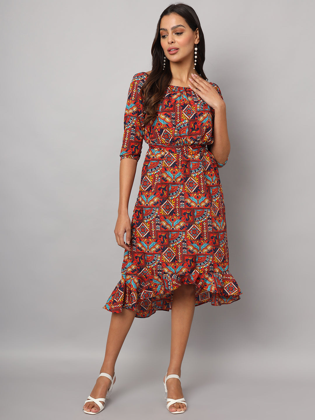 Printed Off-Shoulder A-Line Midi Dress