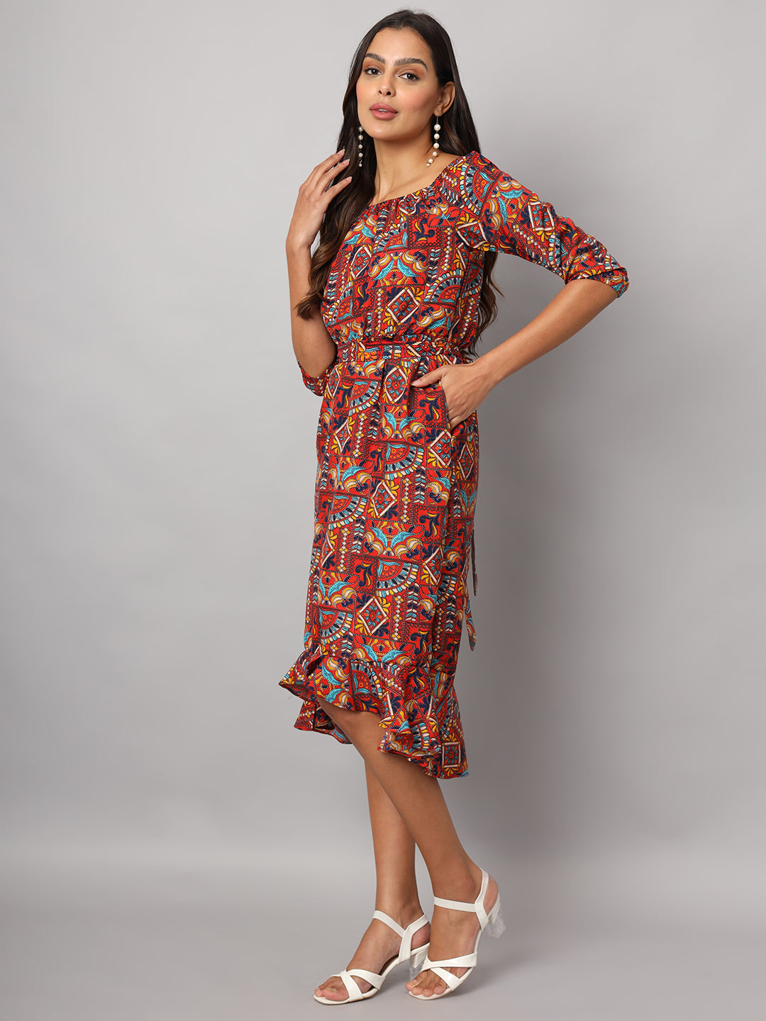 Printed Off-Shoulder A-Line Midi Dress