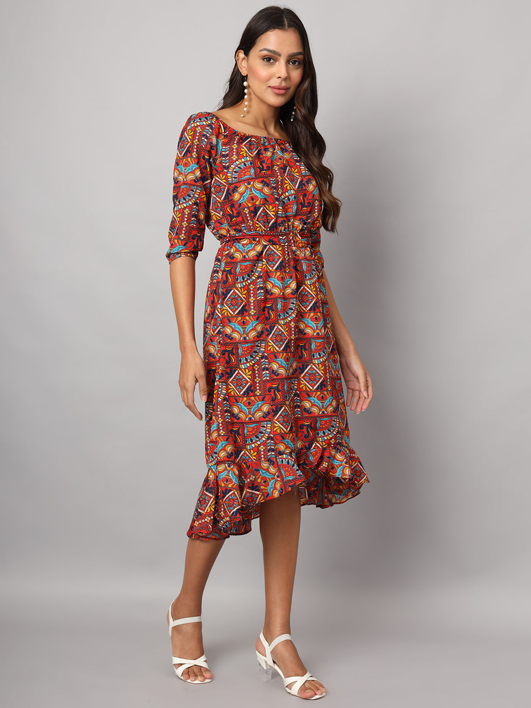 Printed Off-Shoulder A-Line Midi Dress
