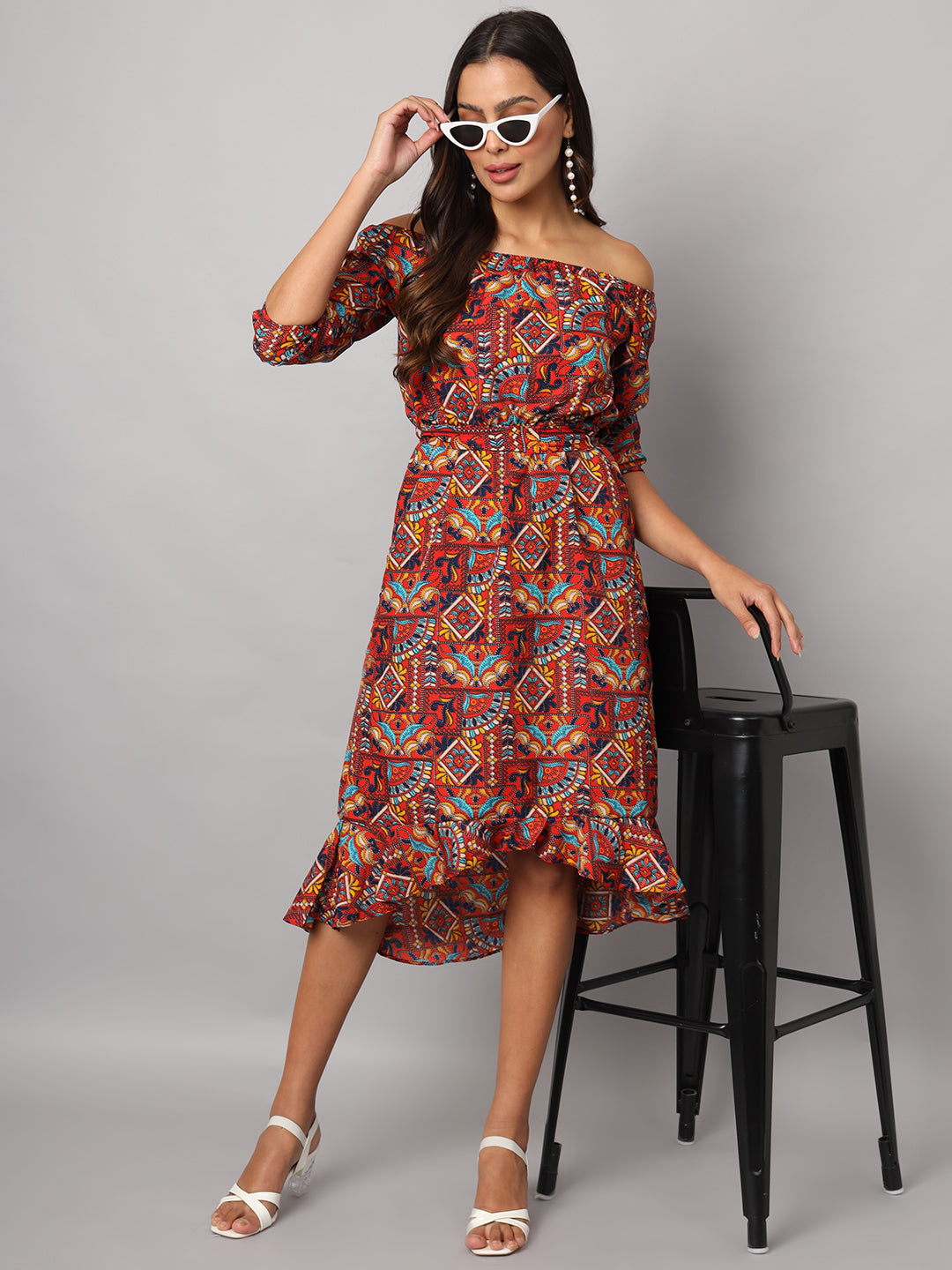Printed Off-Shoulder A-Line Midi Dress
