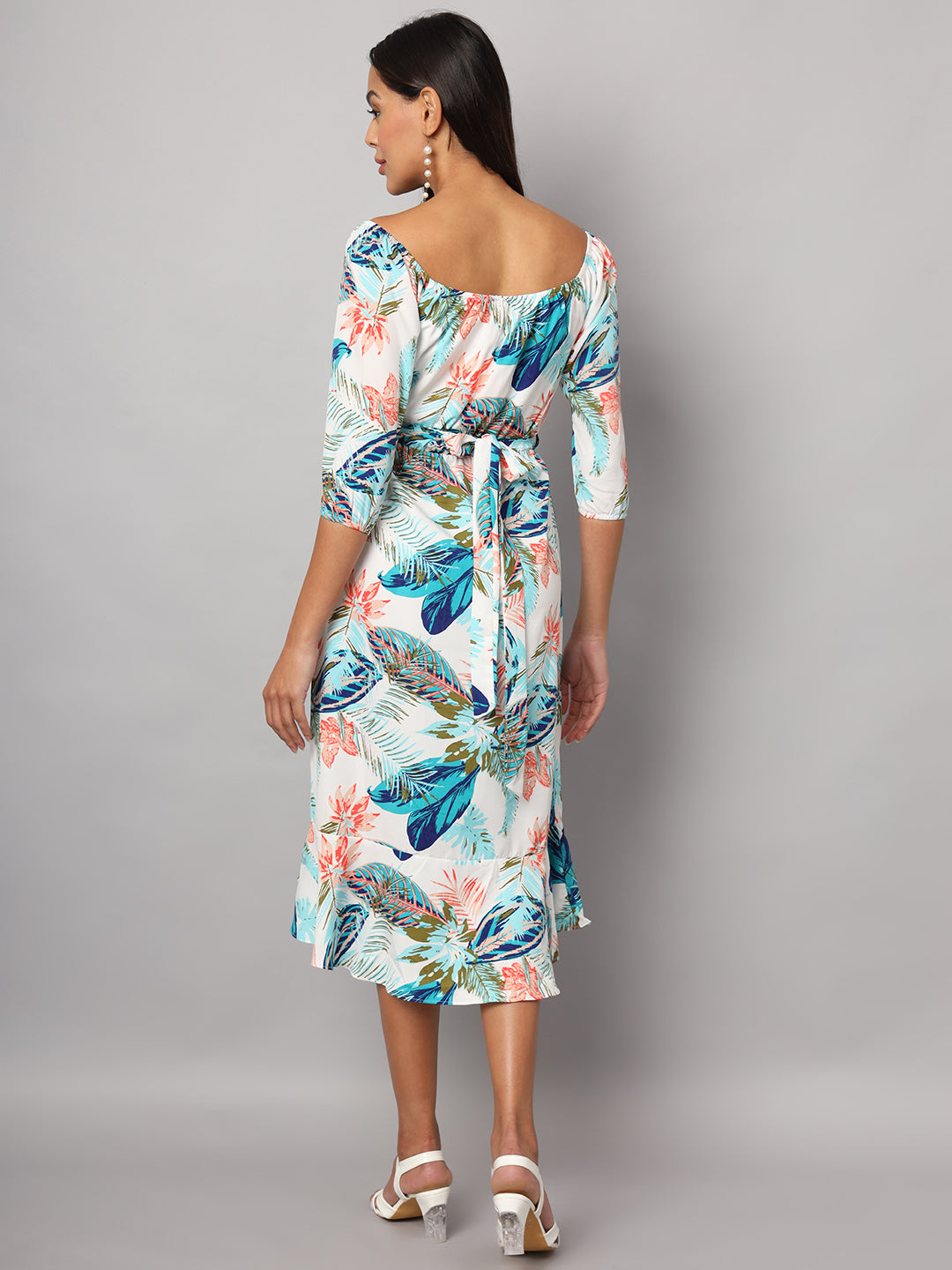 Printed Off-Shoulder A-Line Midi Dress