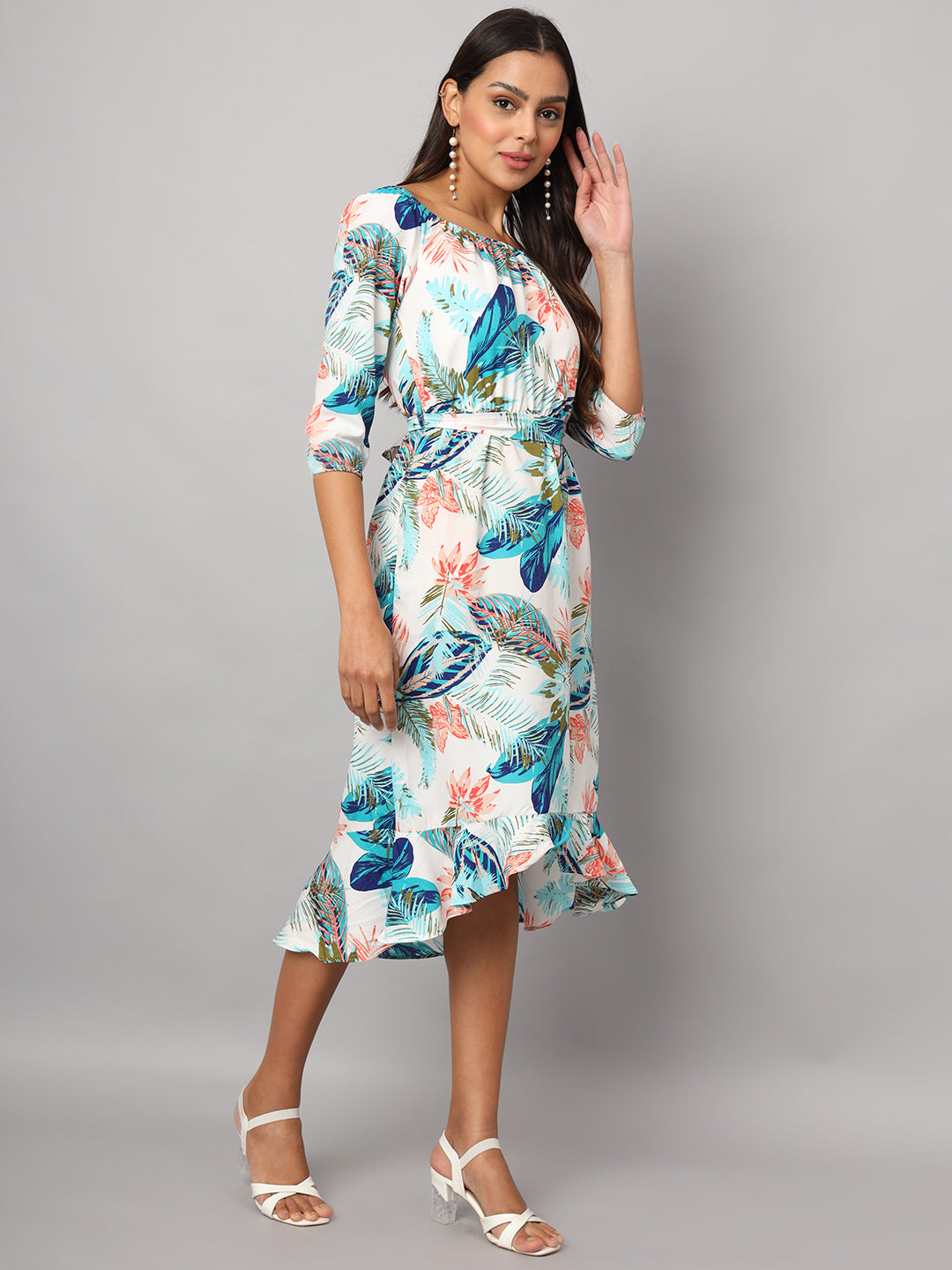Printed Off-Shoulder A-Line Midi Dress