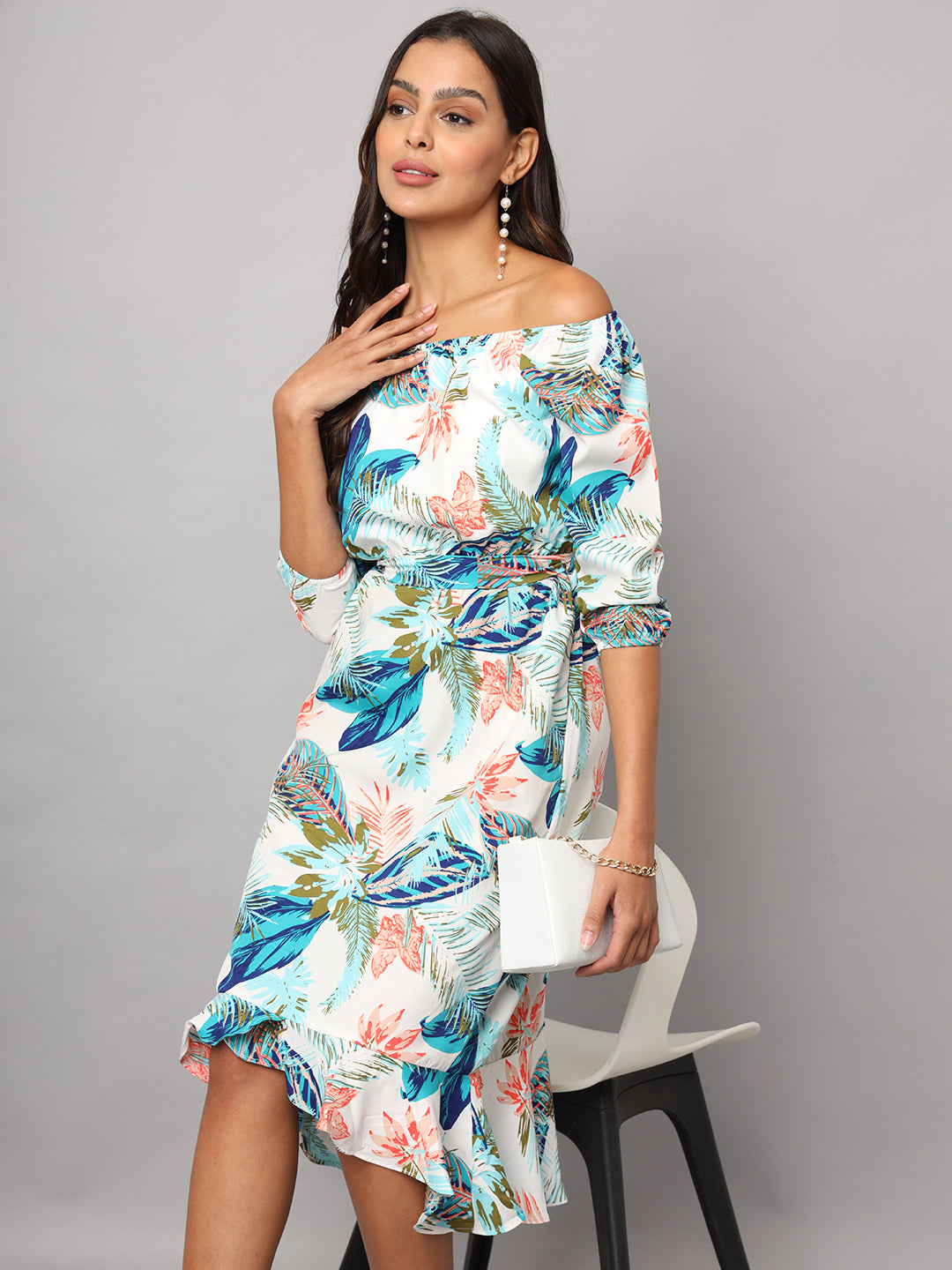 Printed Off-Shoulder A-Line Midi Dress