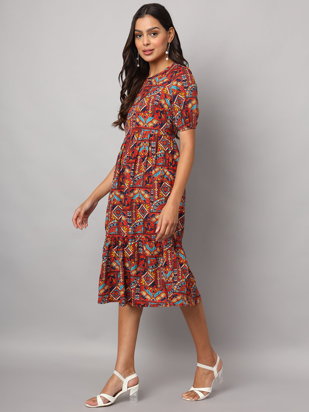Printed Puff Sleeve Fit & Flare Midi Dress