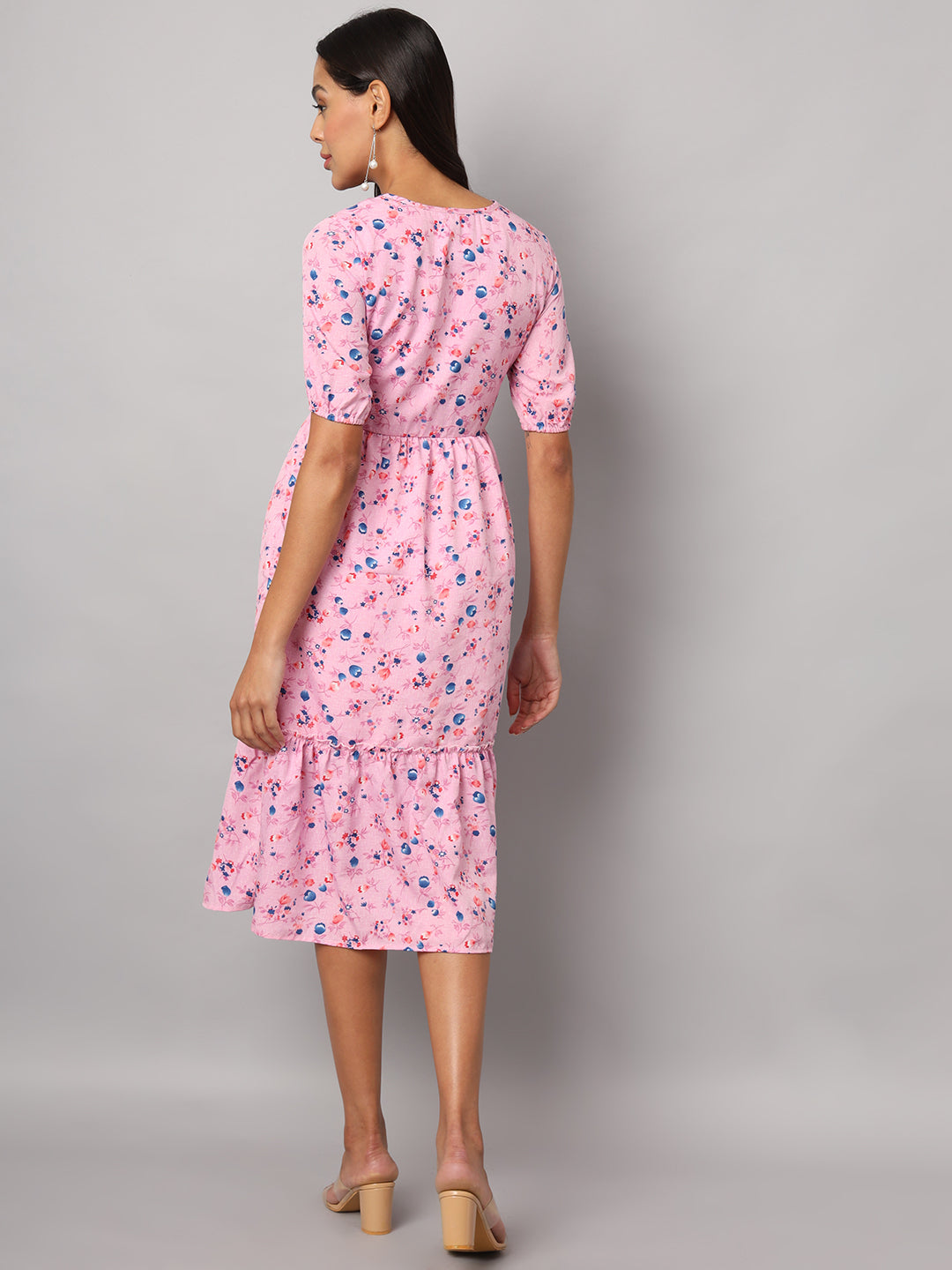 Printed Puff Sleeve Fit & Flare Midi Dress