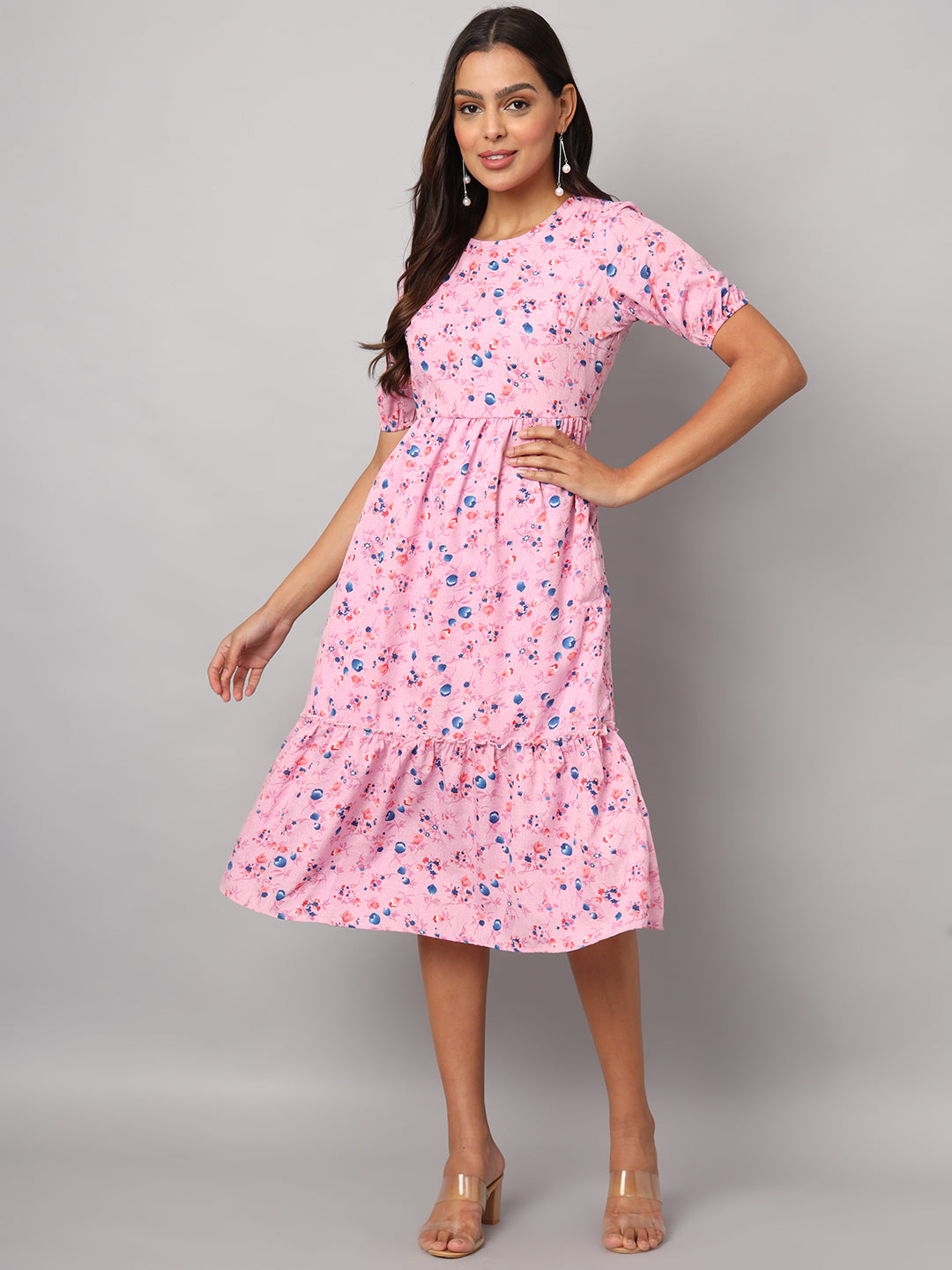 Printed Puff Sleeve Fit & Flare Midi Dress