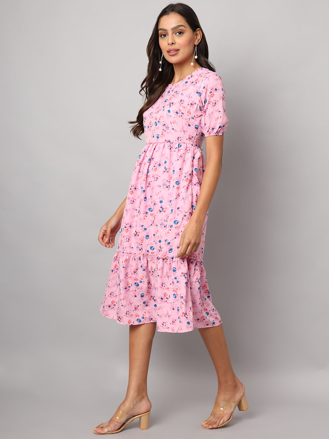 Printed Puff Sleeve Fit & Flare Midi Dress
