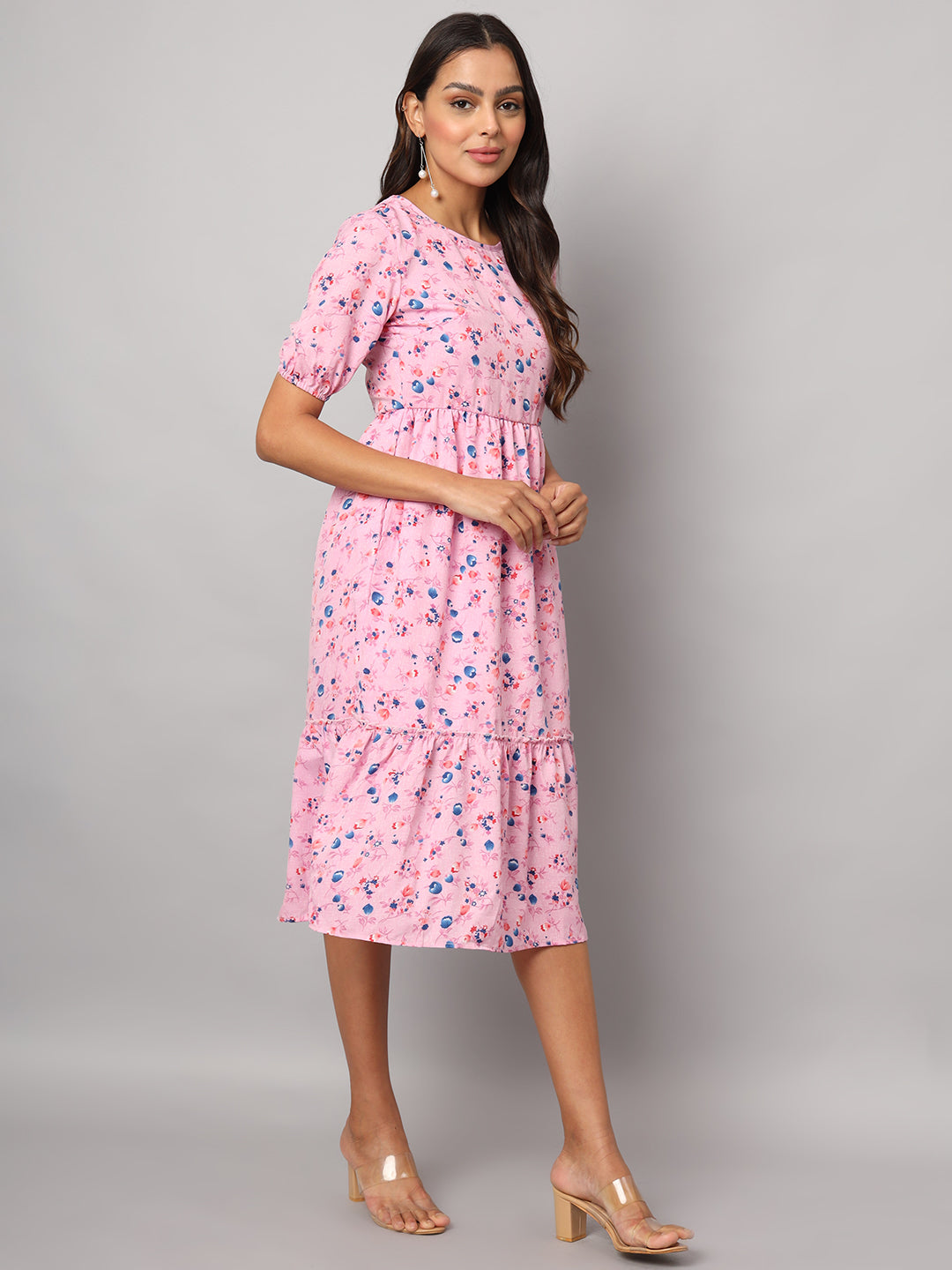 Printed Puff Sleeve Fit & Flare Midi Dress