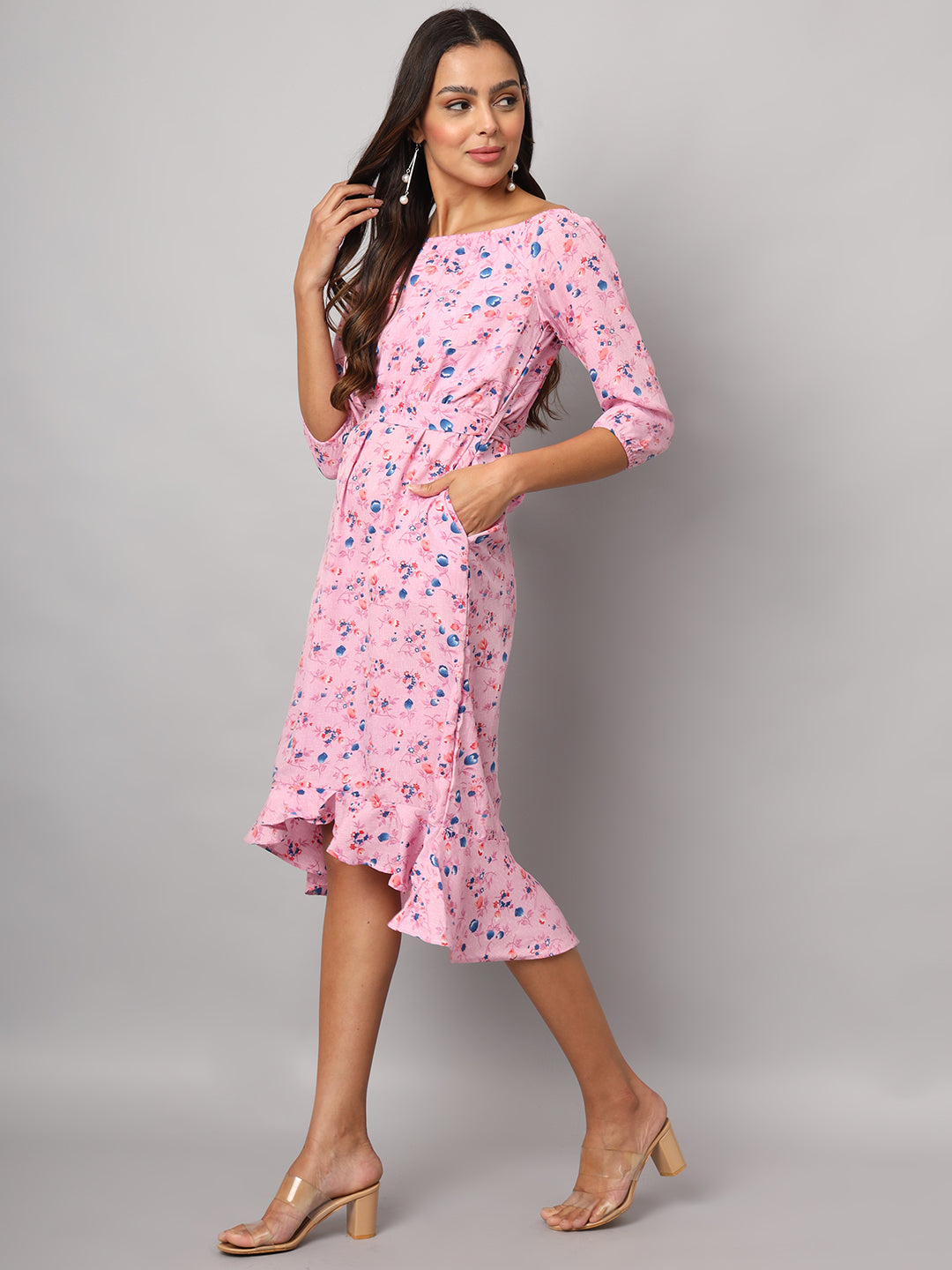 Printed Off-Shoulder A-Line Midi Dress