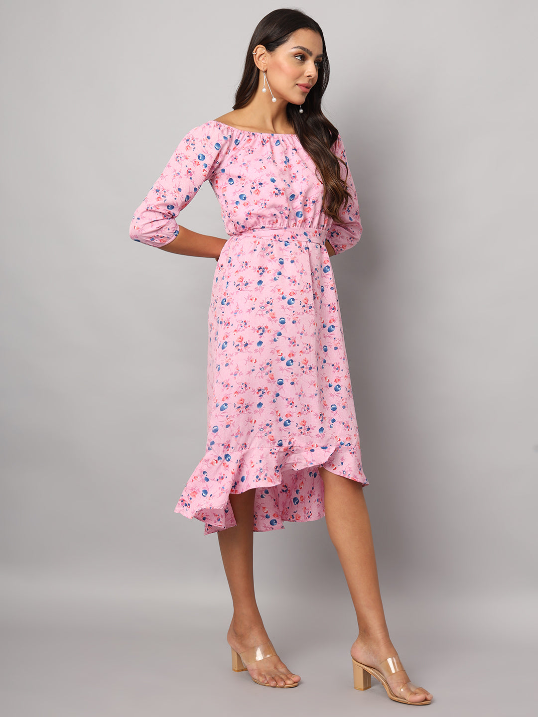 Printed Off-Shoulder A-Line Midi Dress