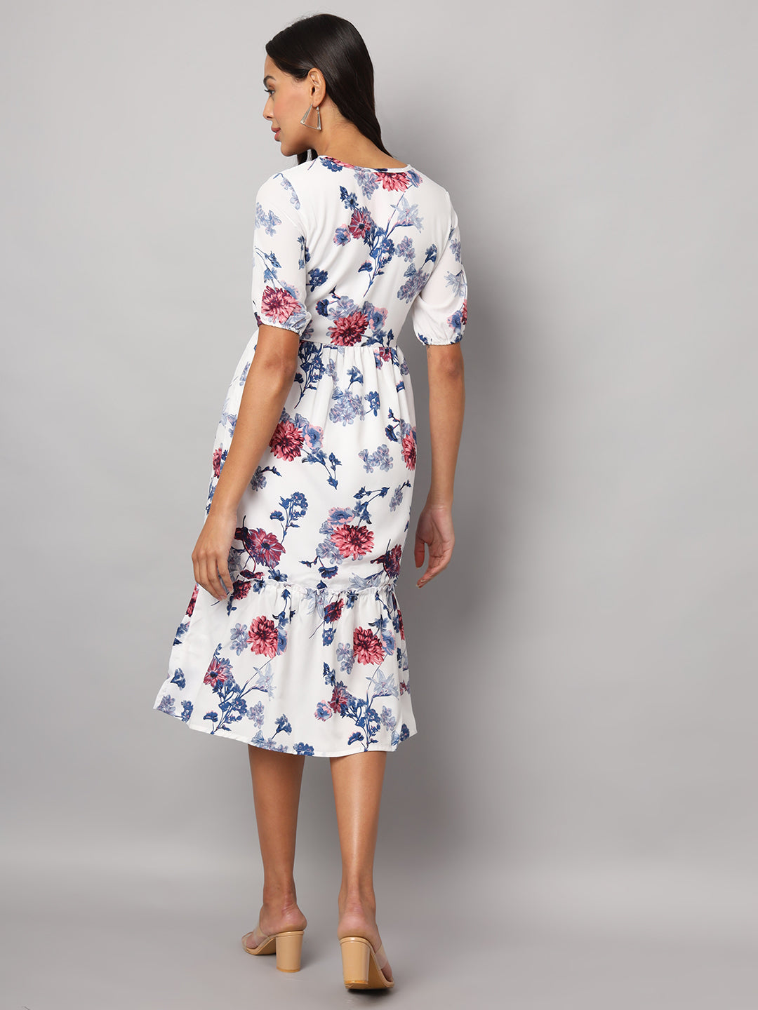 Printed Puff Sleeve Fit & Flare Midi Dress
