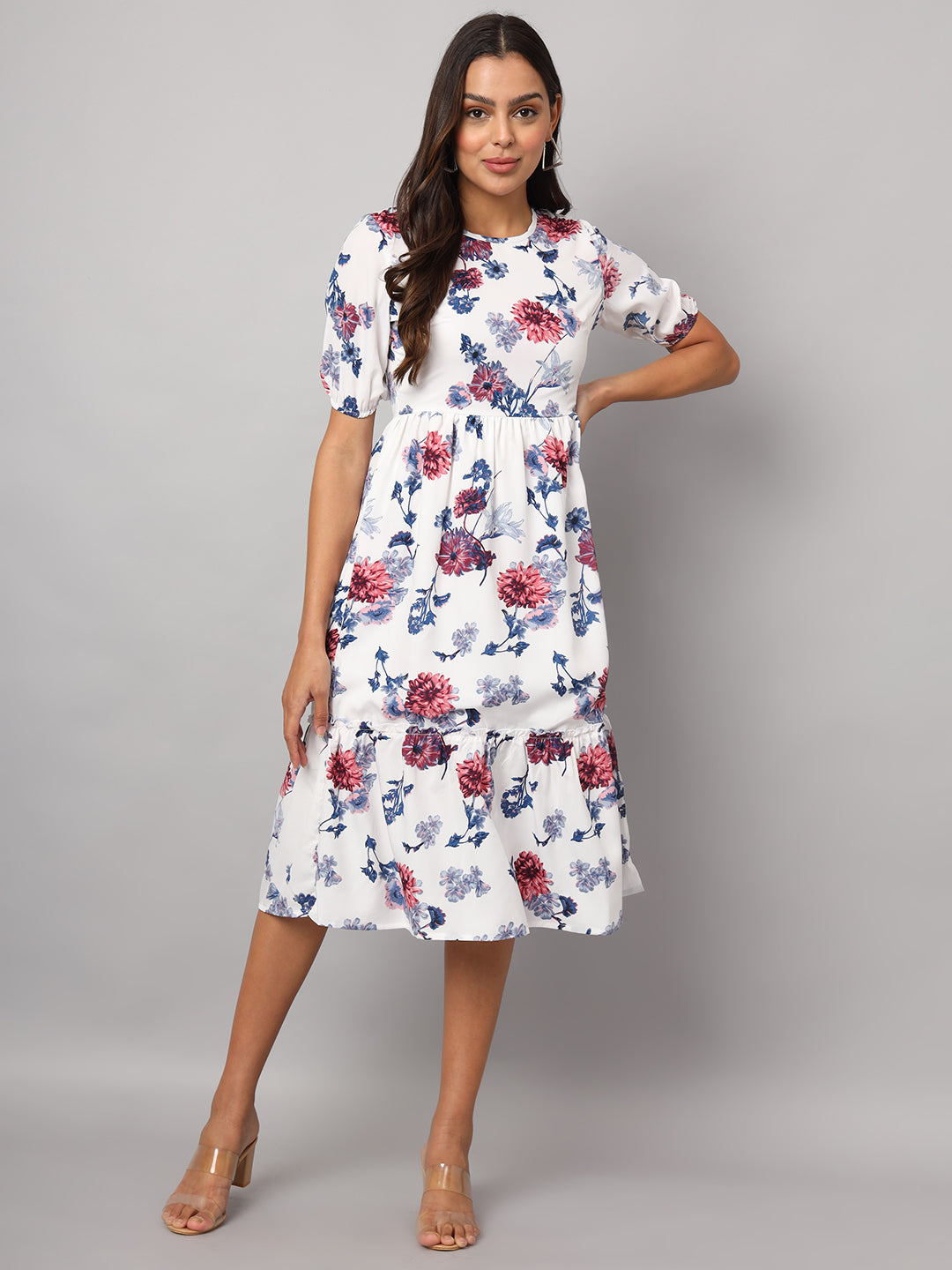 Printed Puff Sleeve Fit & Flare Midi Dress