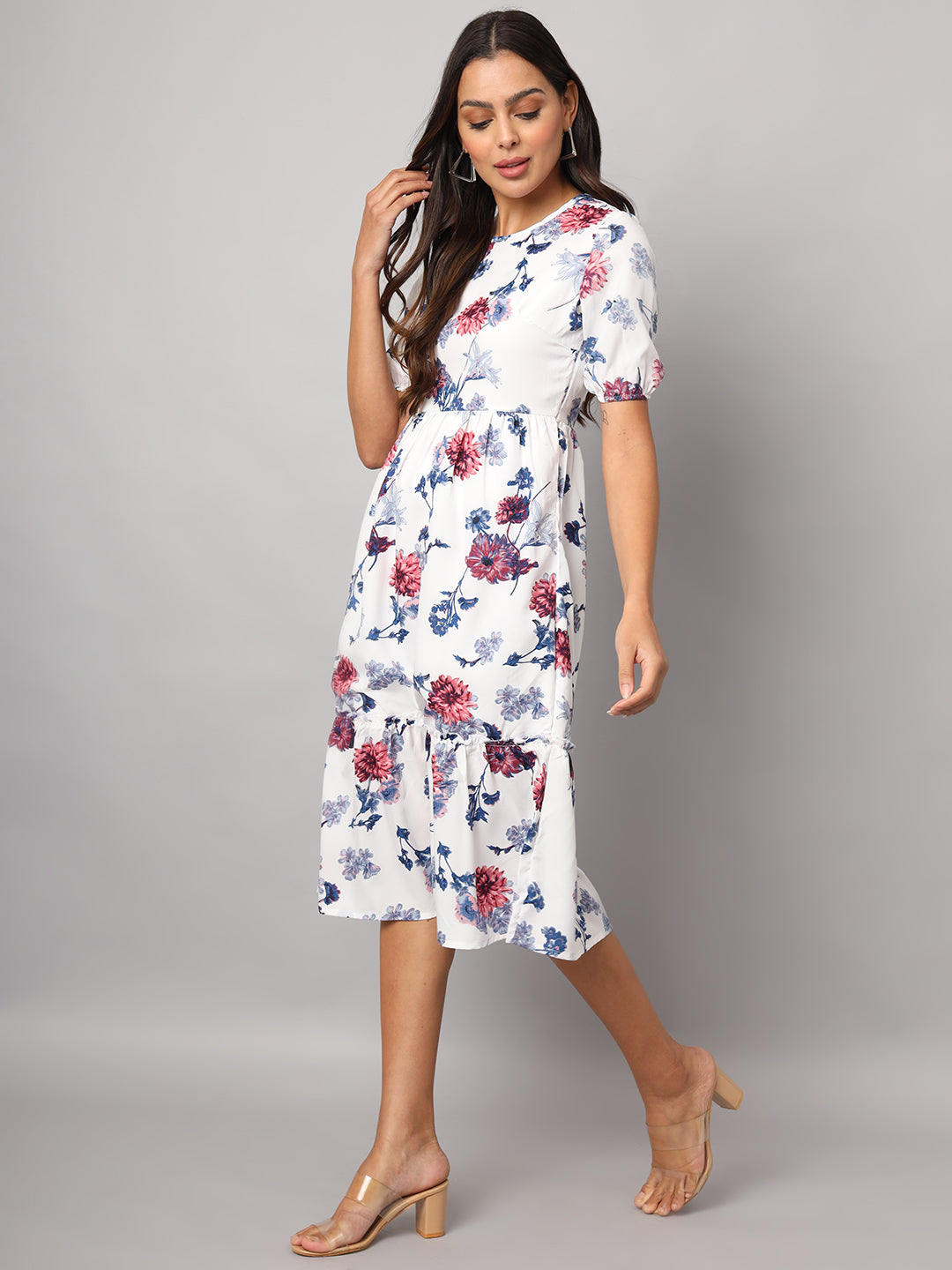 Printed Puff Sleeve Fit & Flare Midi Dress
