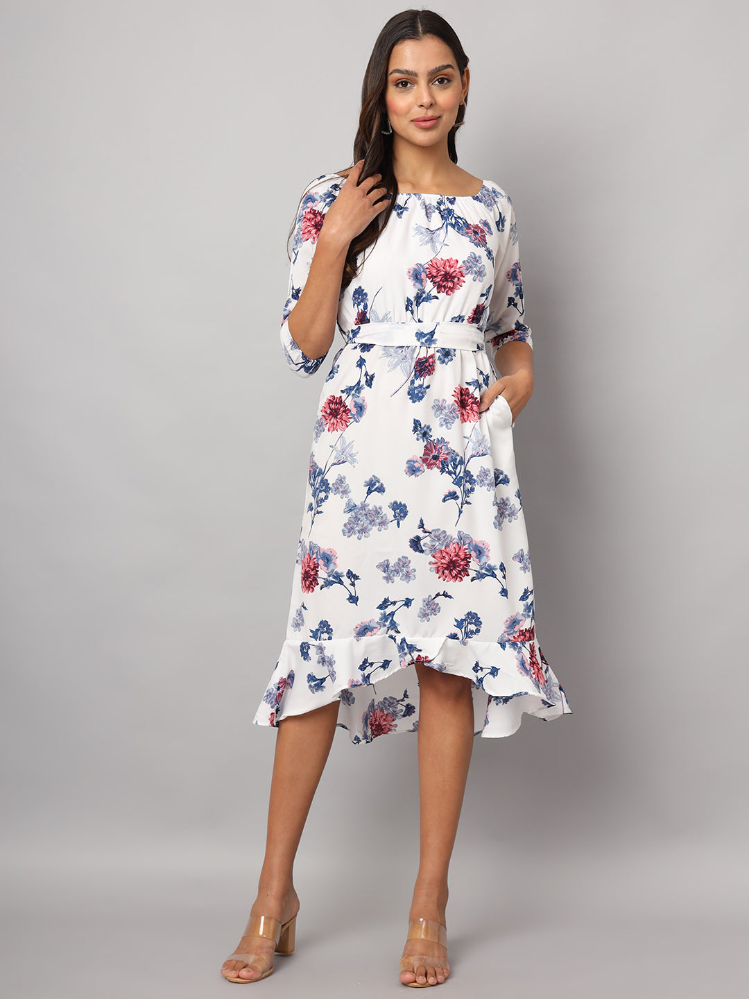 Printed Off-Shoulder A-Line Midi Dress
