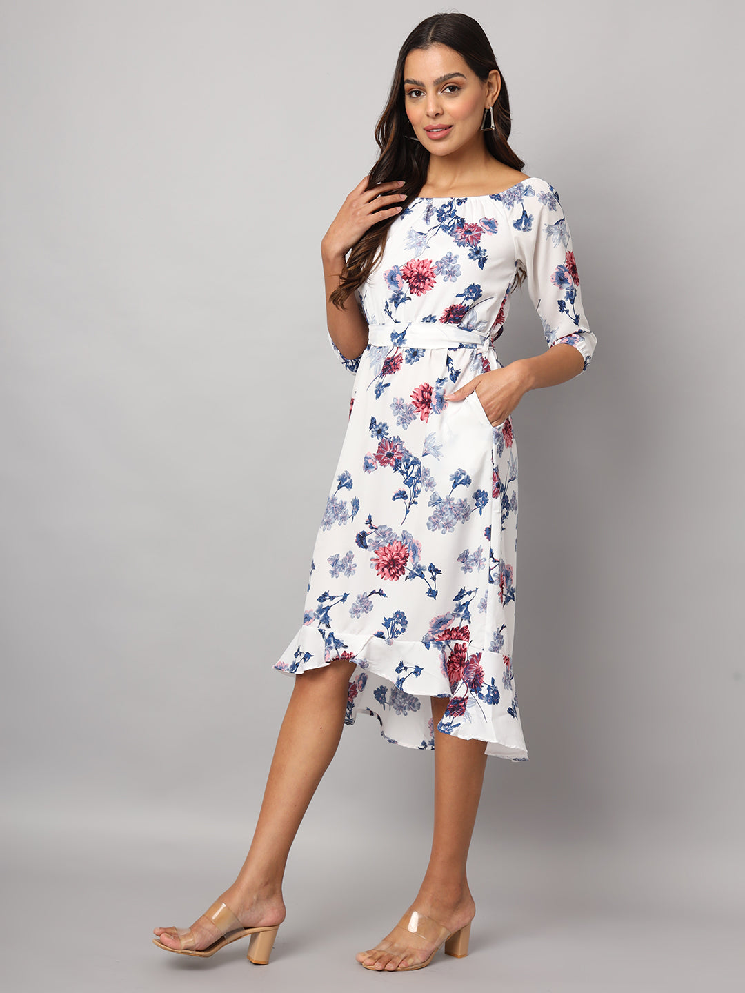 Printed Off-Shoulder A-Line Midi Dress