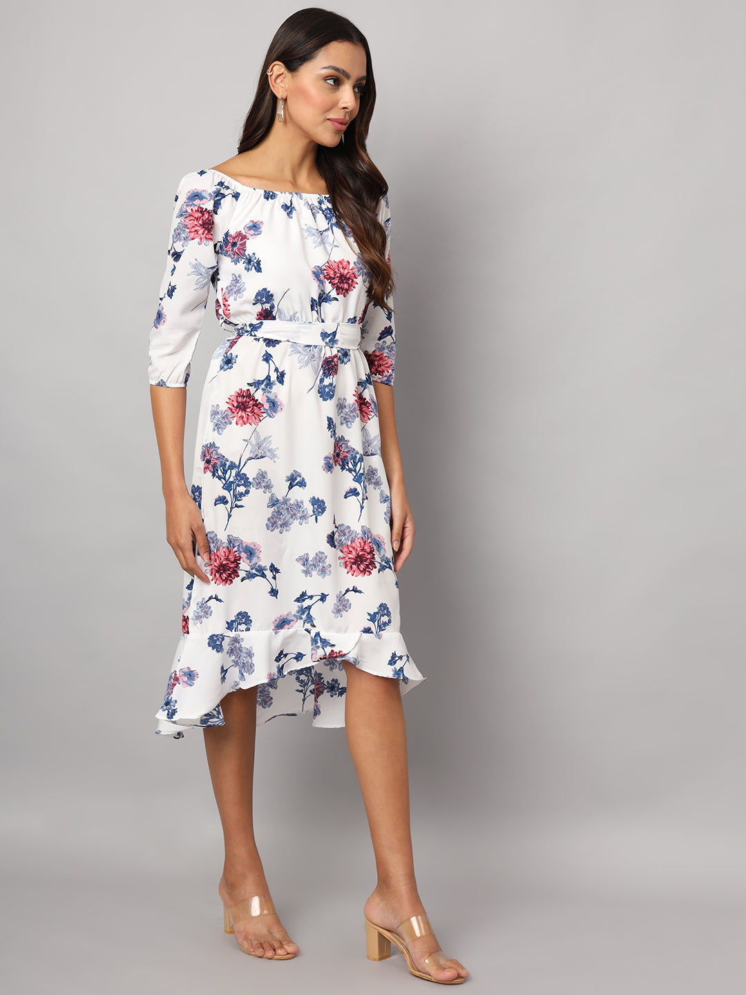 Printed Off-Shoulder A-Line Midi Dress