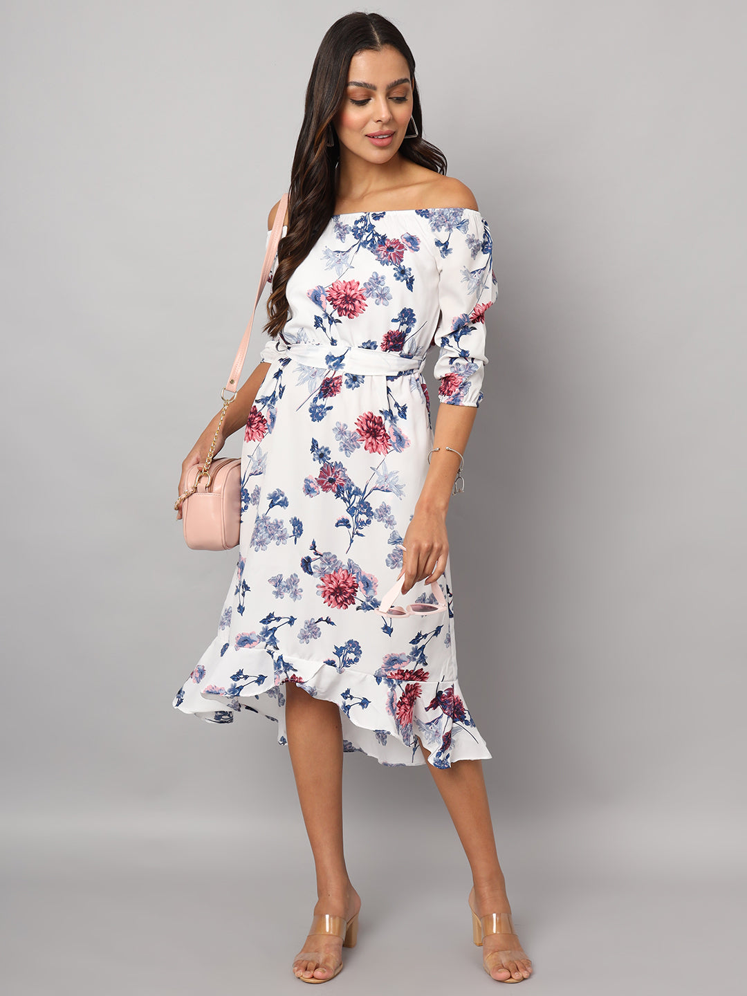 Printed Off-Shoulder A-Line Midi Dress