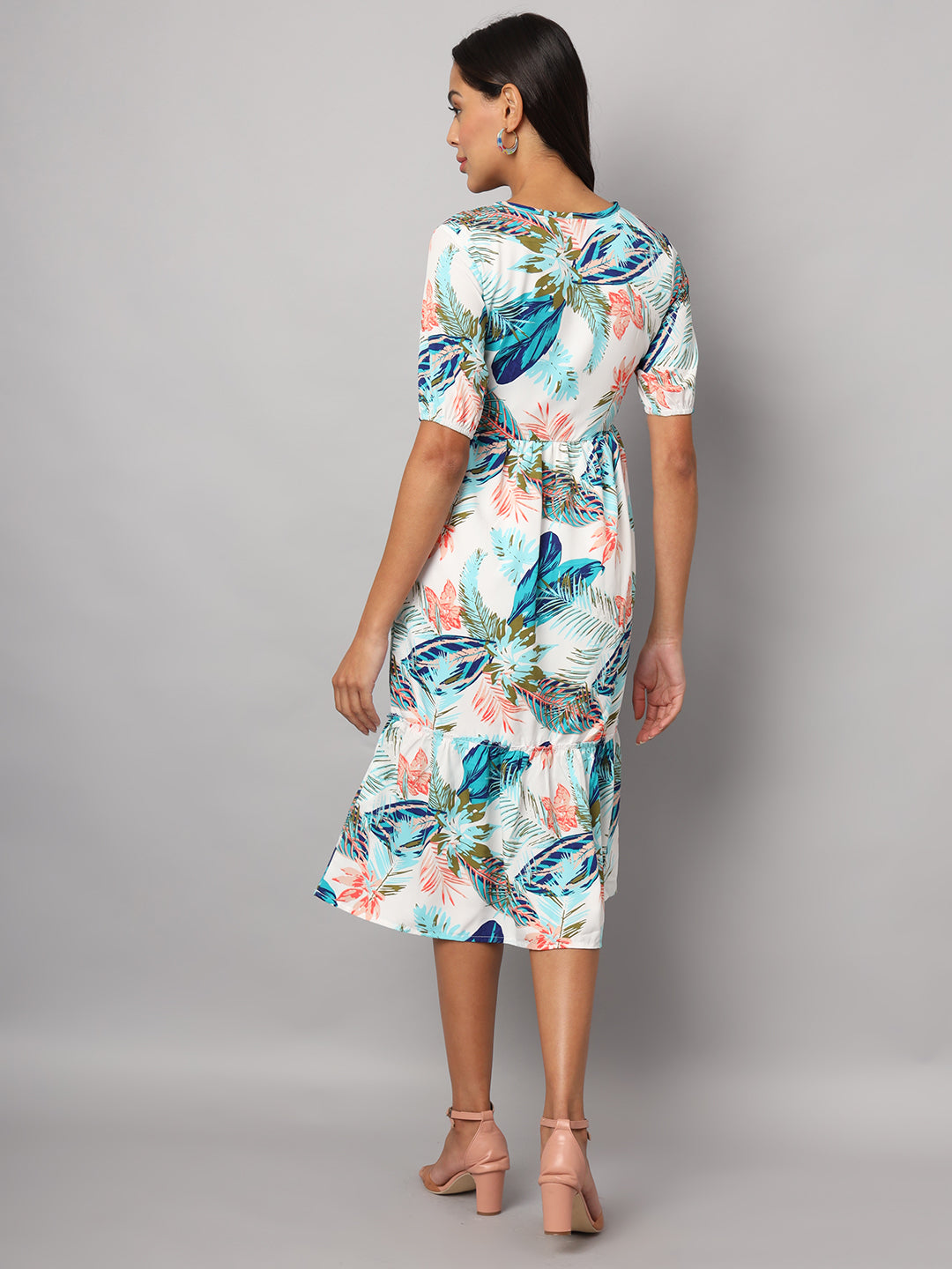 Printed Puff Sleeve Fit & Flare Midi Dress